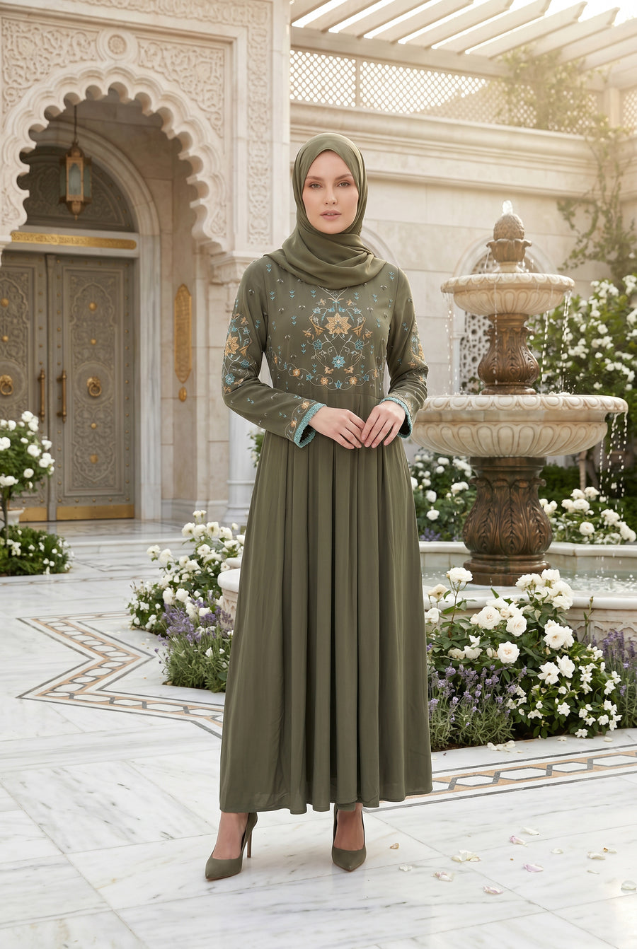 Safiya Embroidered Abaya Olive 1157