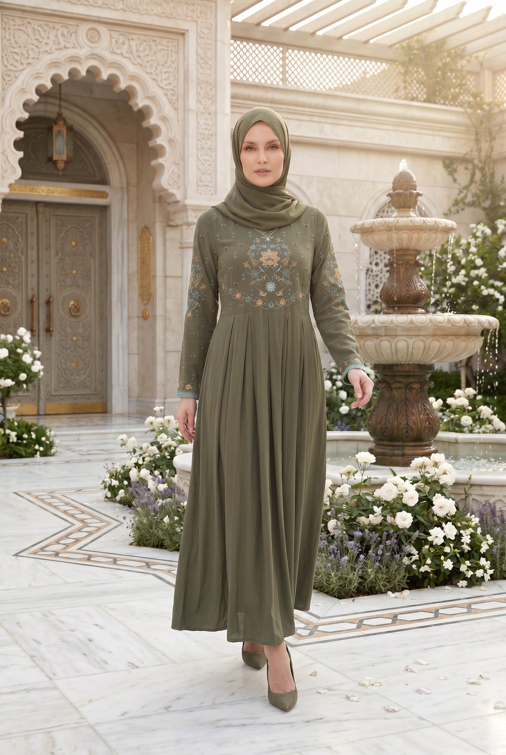 Safiya Embroidered Abaya Olive 1157