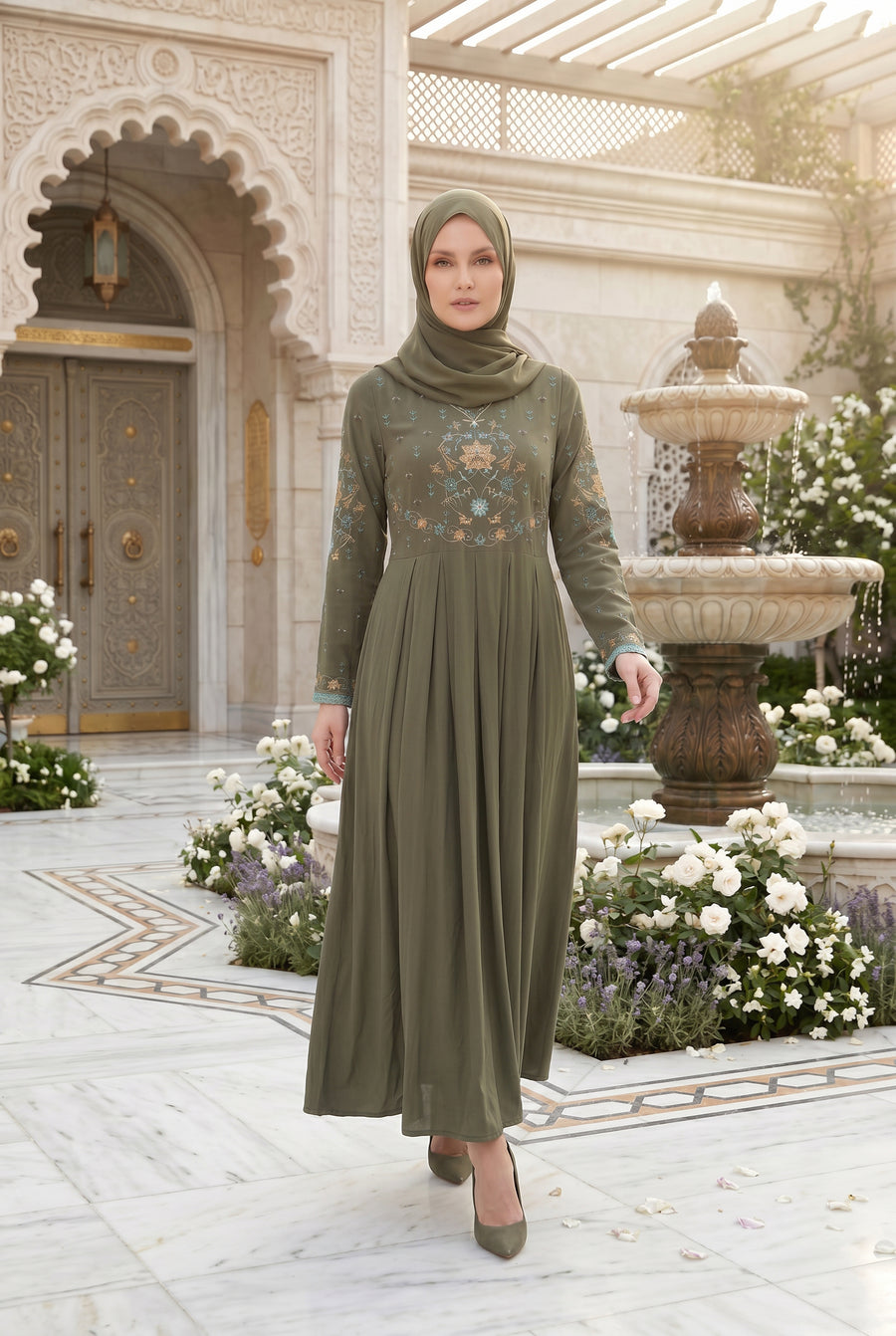 Safiya Embroidered Abaya Olive 1157