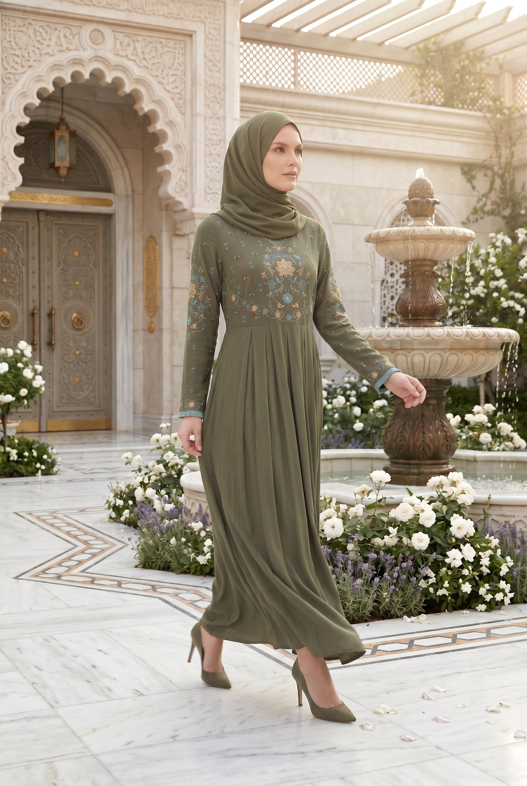 Safiya Embroidered Abaya Olive 1157