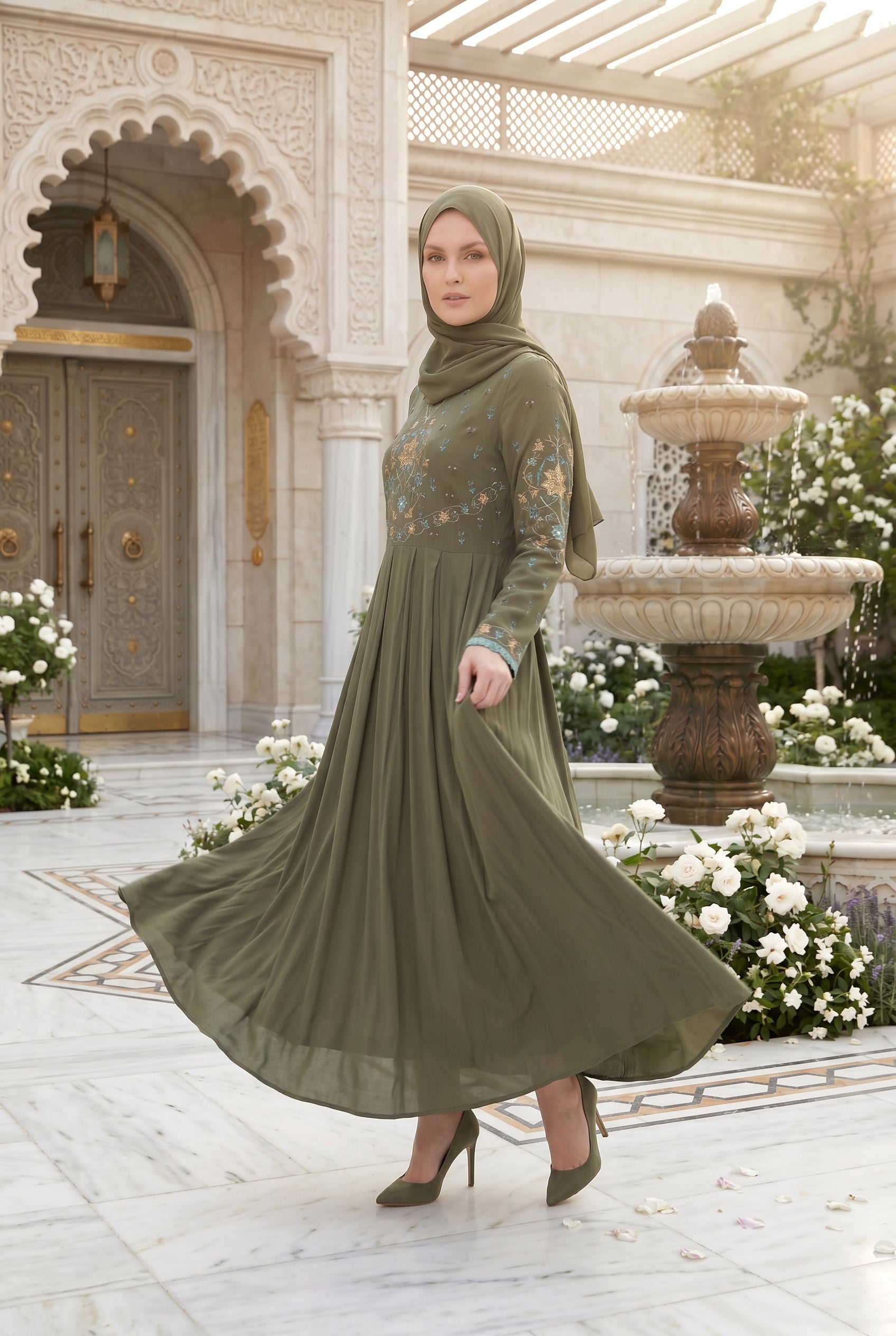 Safiya Embroidered Abaya Olive 1157