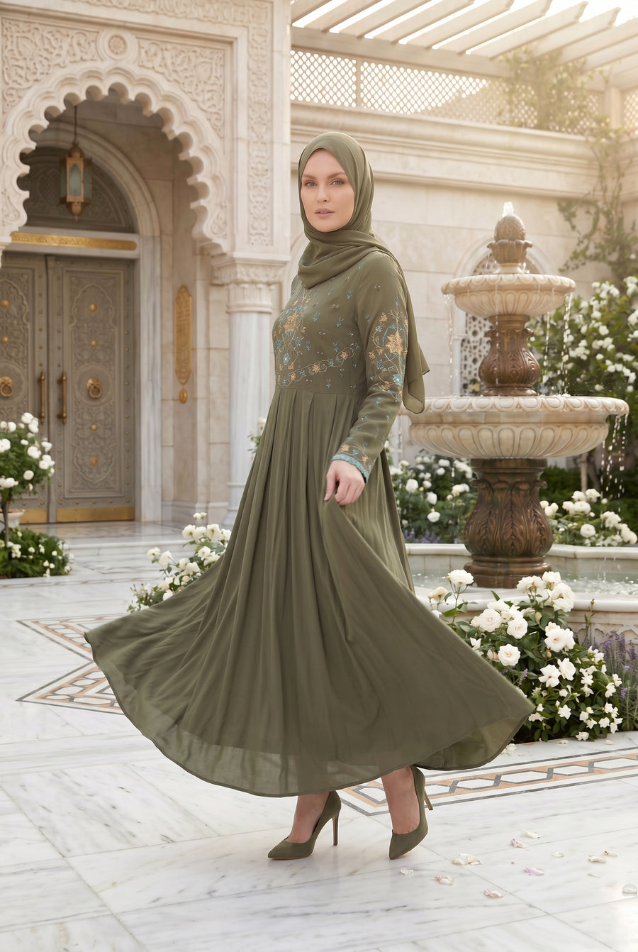 Safiya Embroidered Abaya Olive 1157