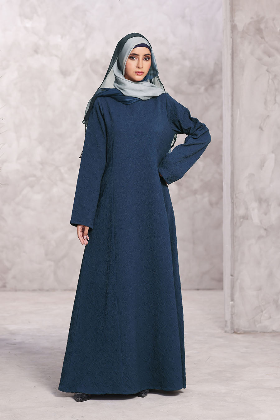 Textured Floral Abaya Navy Blue 1174