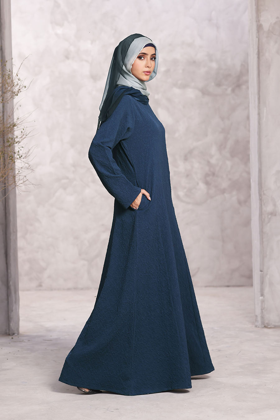 Textured Floral Abaya Navy Blue 1174