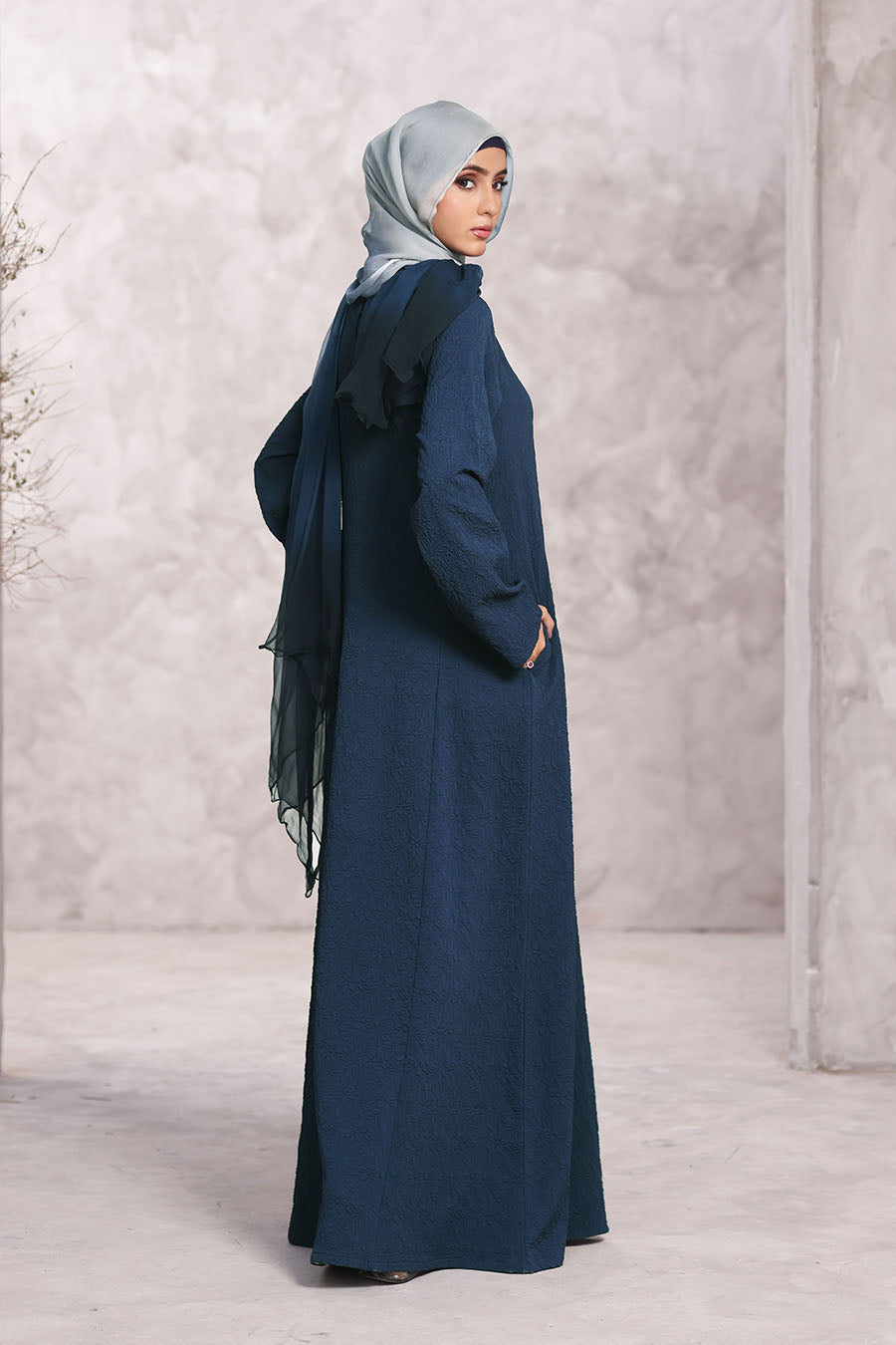 Textured Floral Abaya Navy Blue 1174