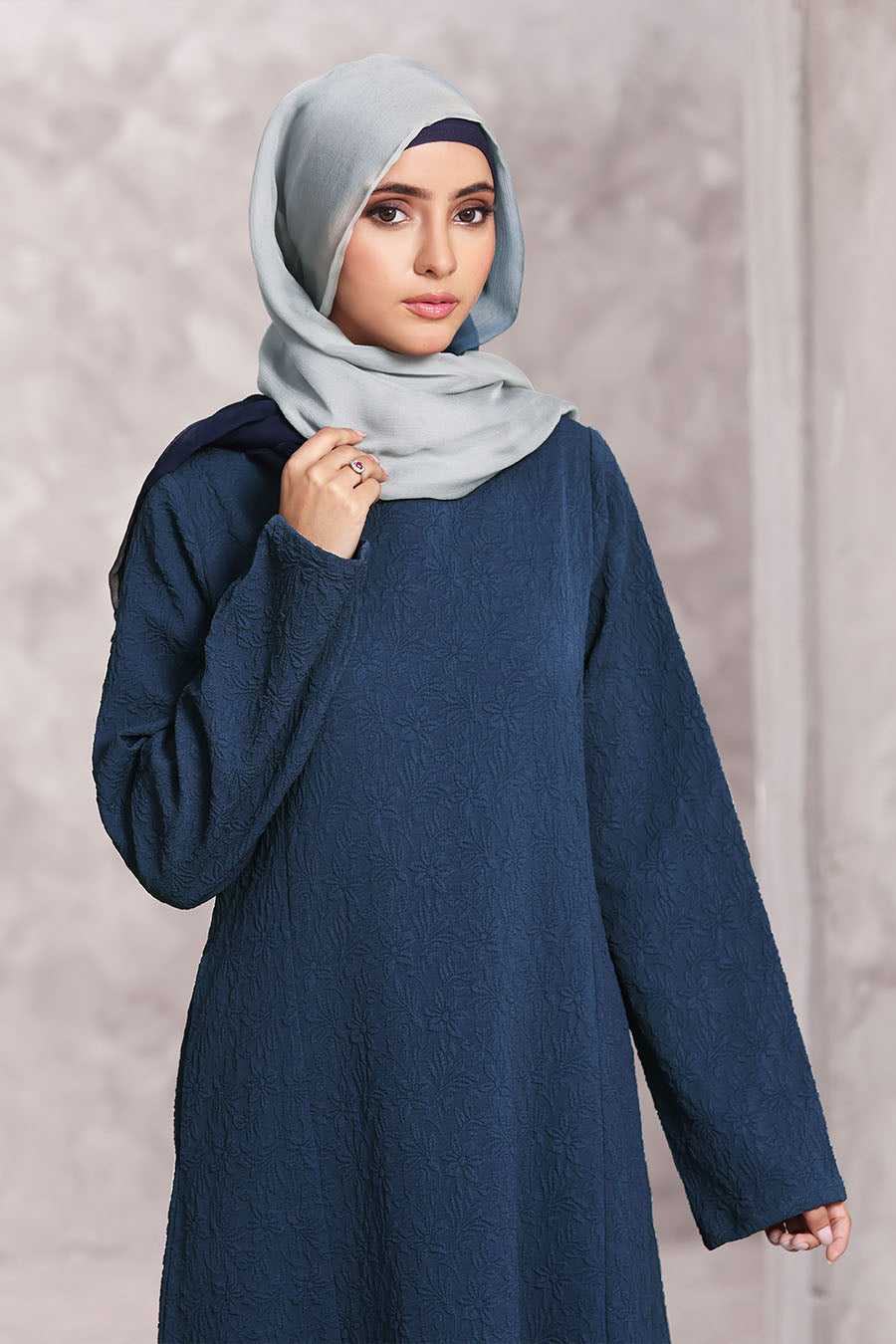 Textured Floral Abaya Navy Blue 1174