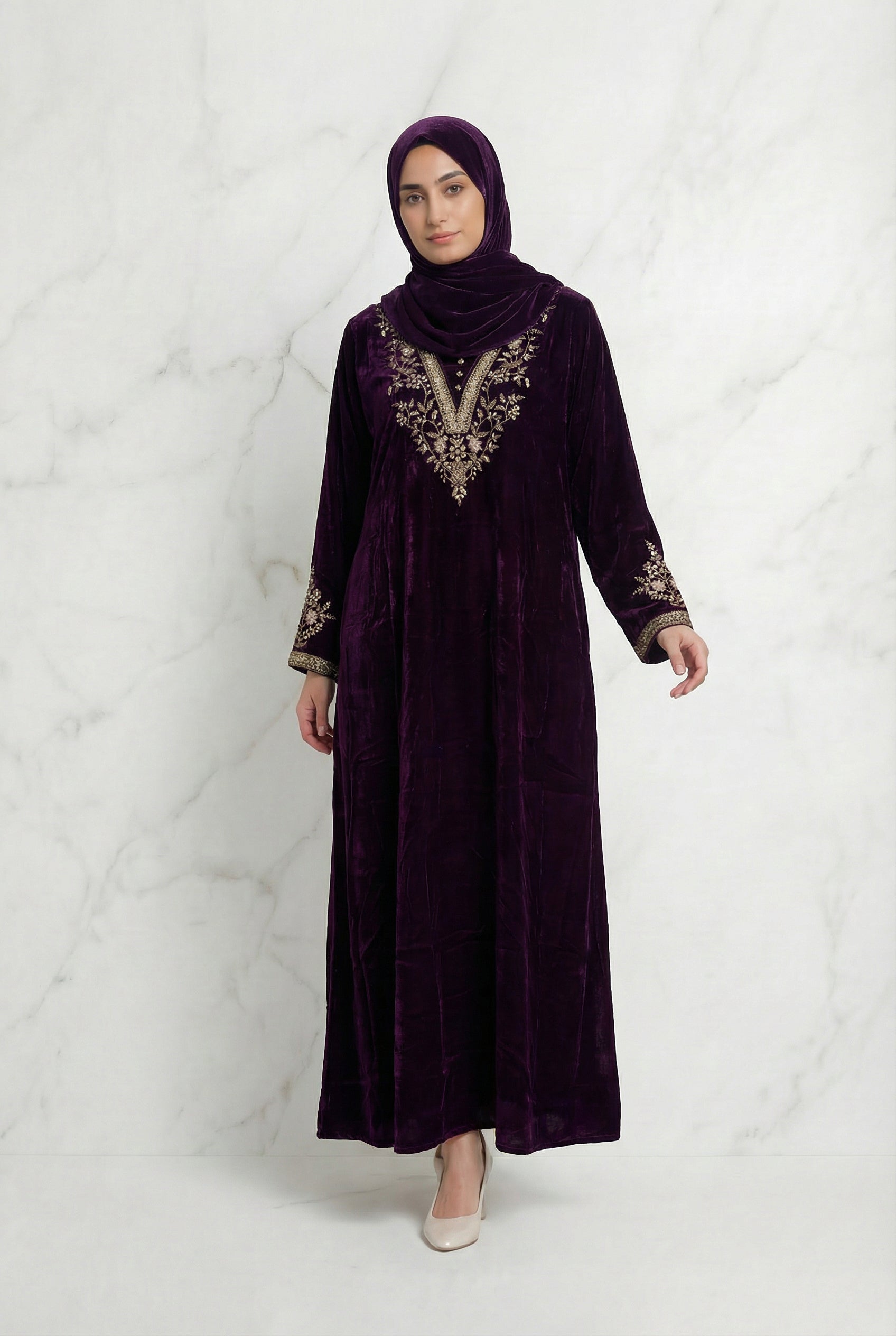 Velvet Embroidered Abaya Maroon 1201