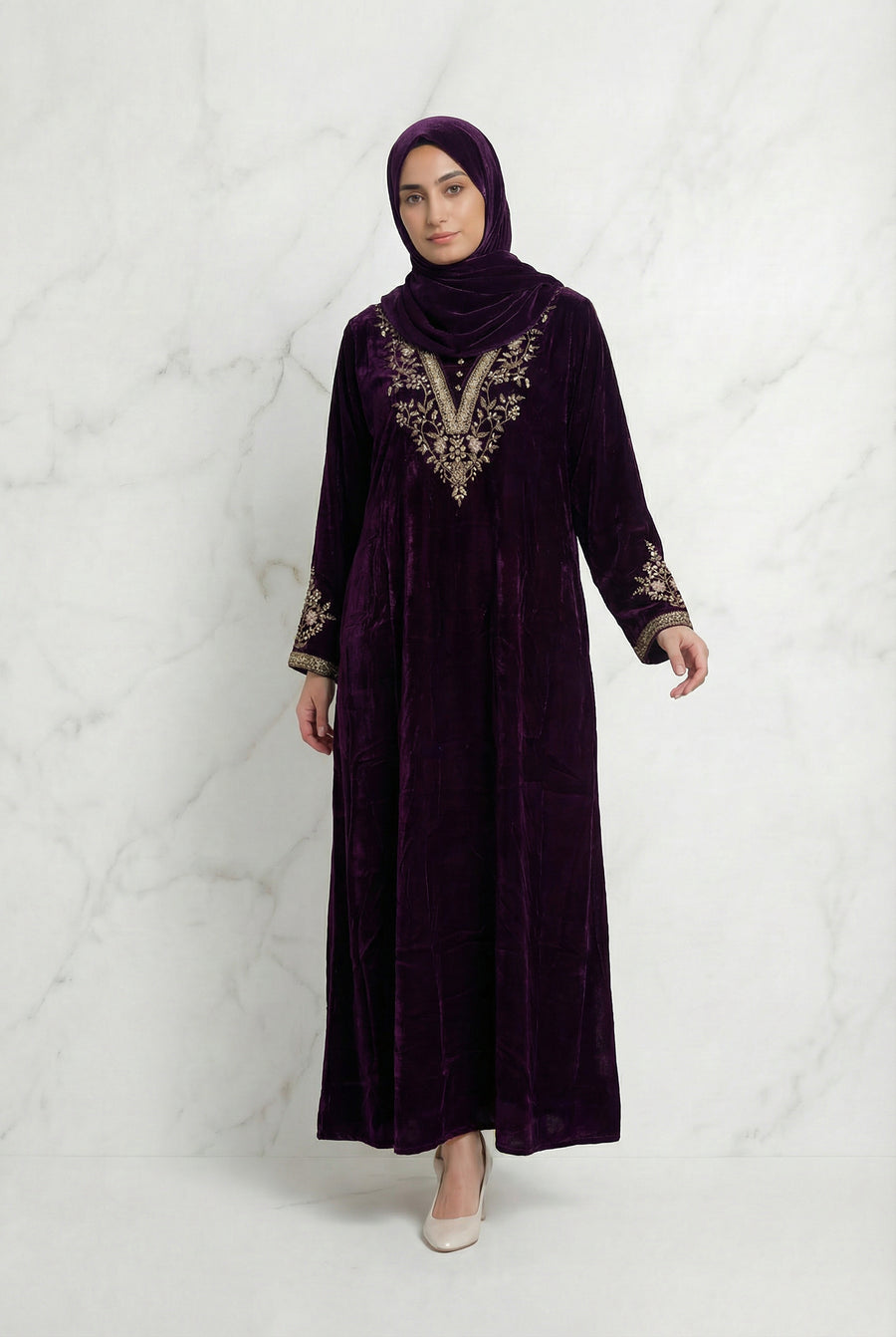 Velvet Embroidered Abaya Maroon 1201
