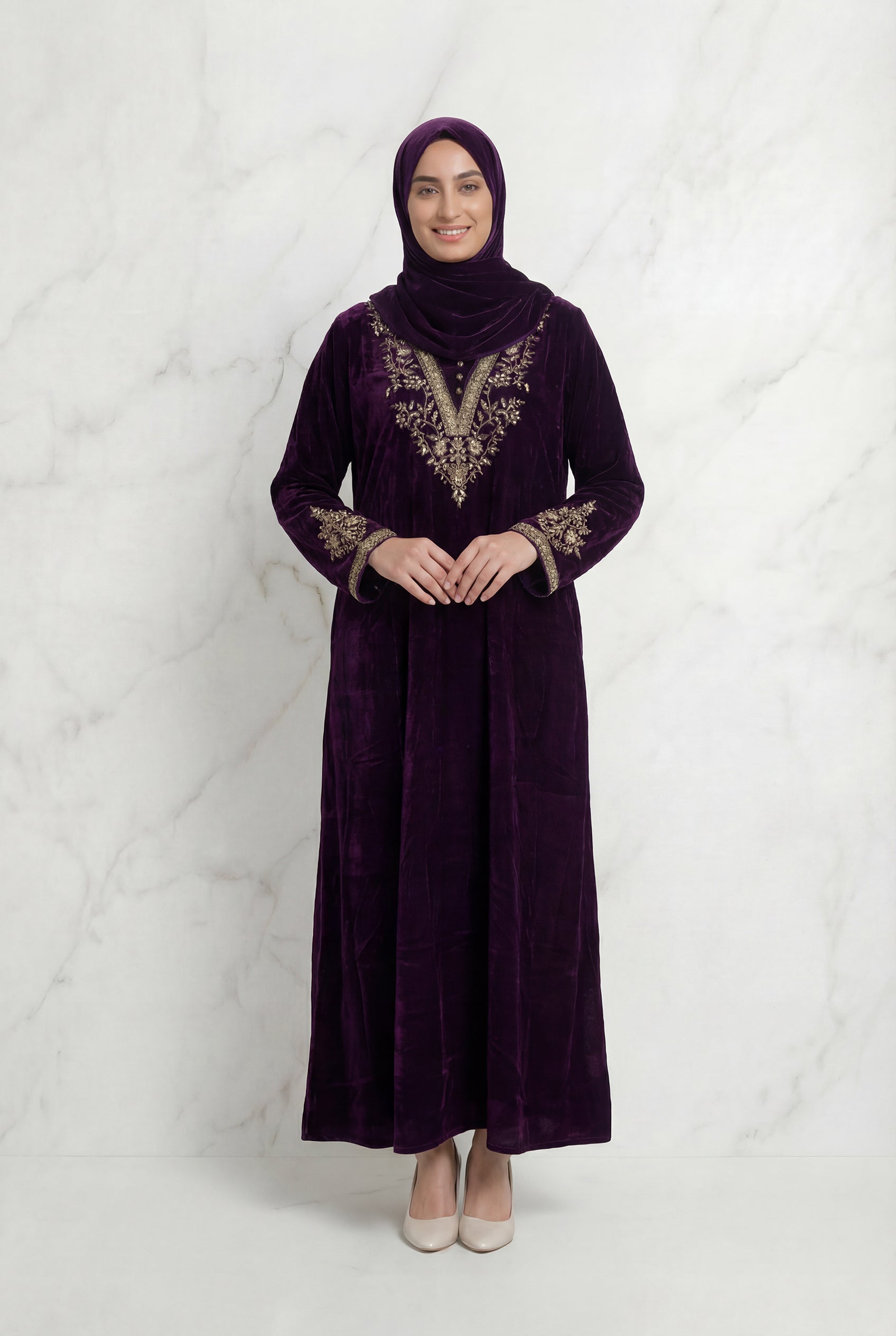Velvet Embroidered Abaya Maroon 1201