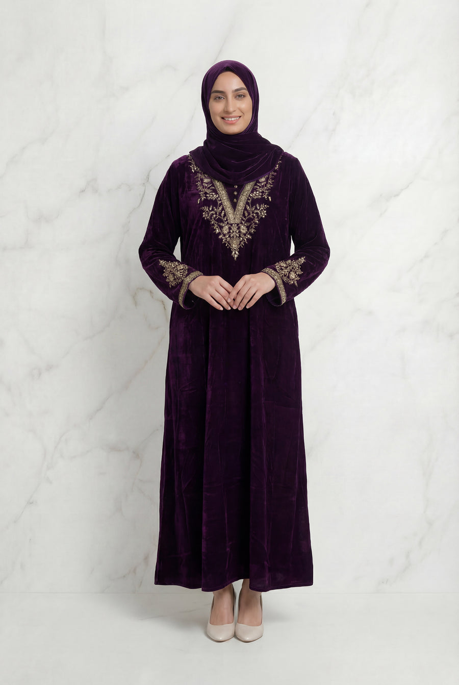 Velvet Embroidered Abaya Maroon 1201