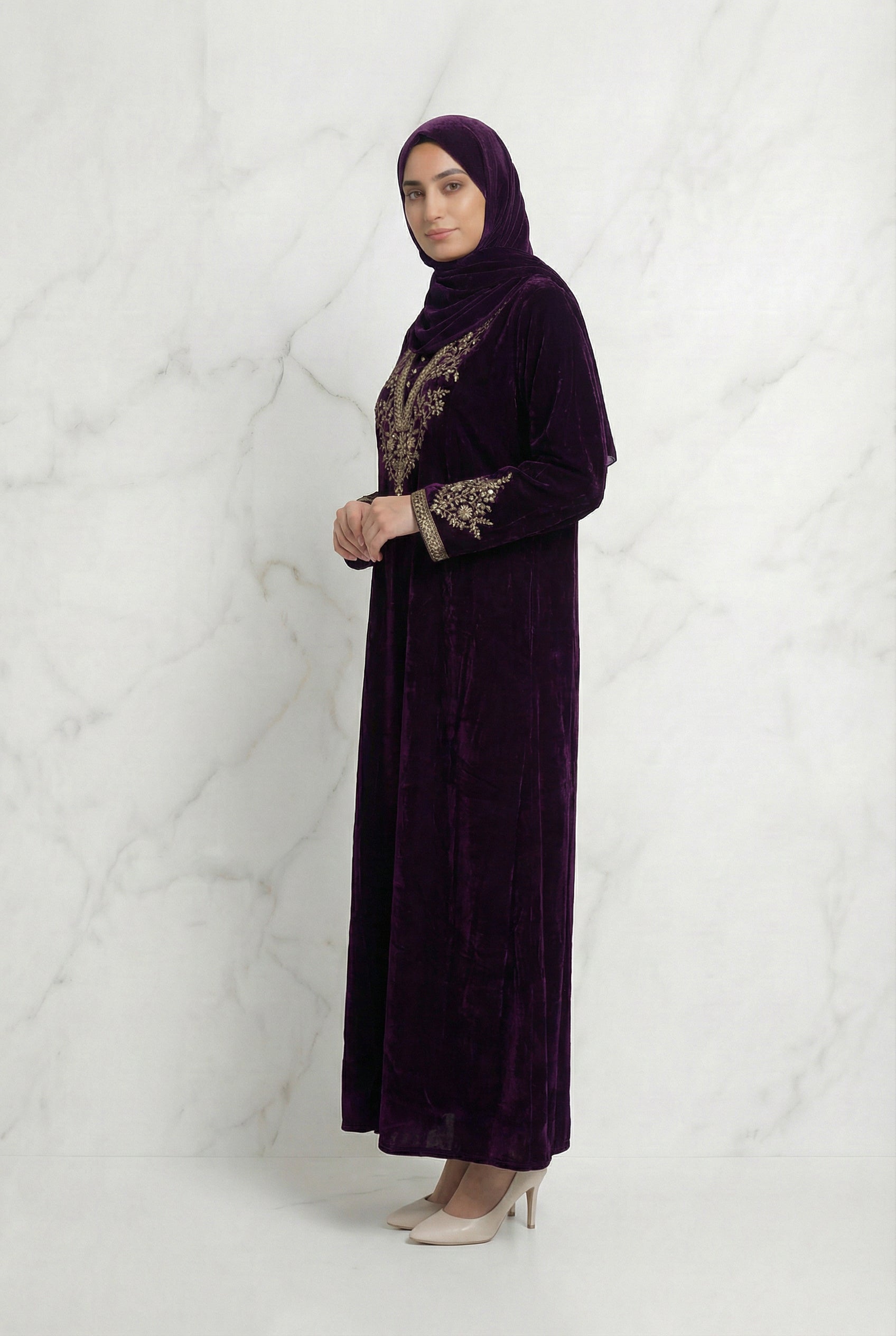 Velvet Embroidered Abaya Maroon 1201