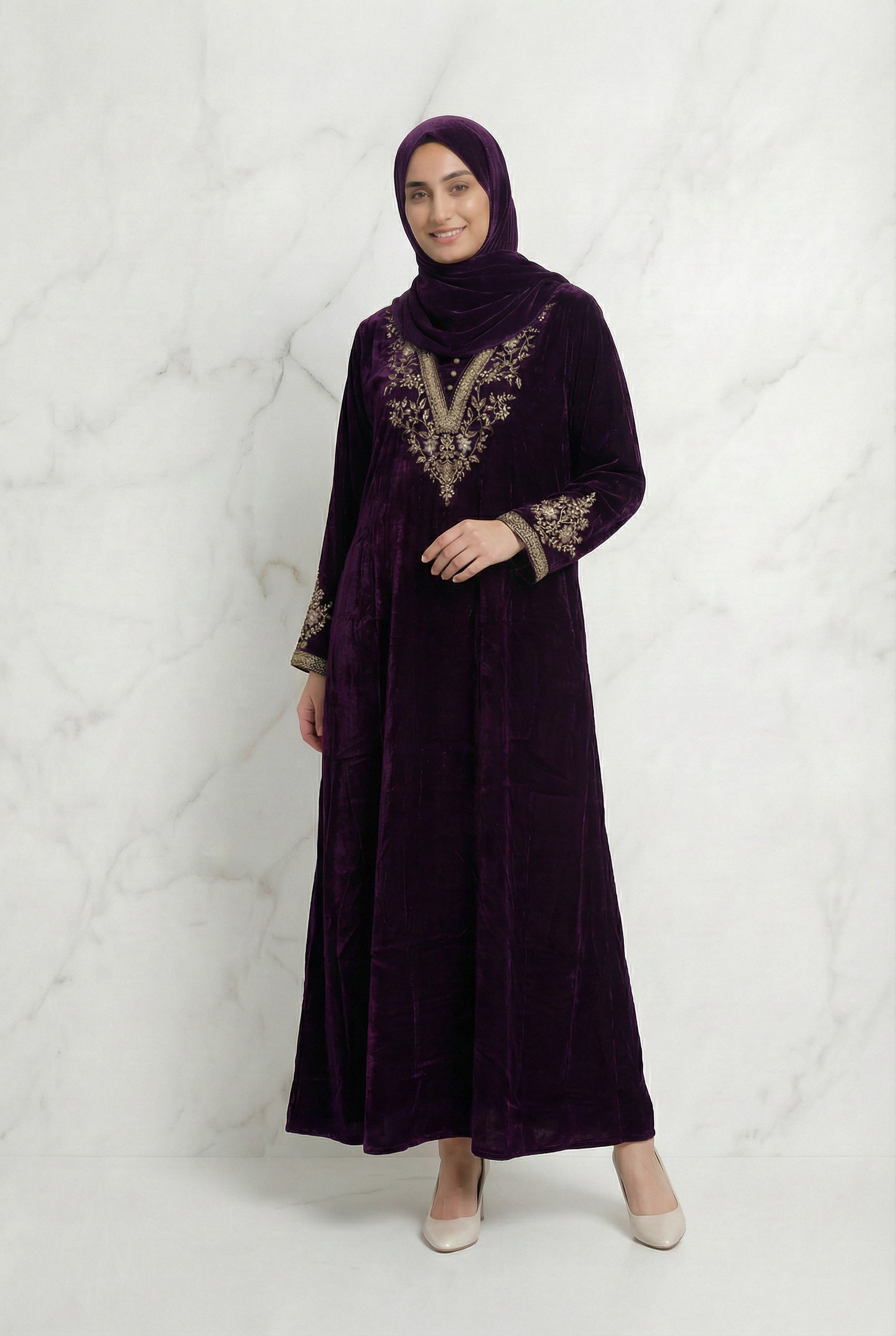 Velvet Embroidered Abaya Maroon 1201