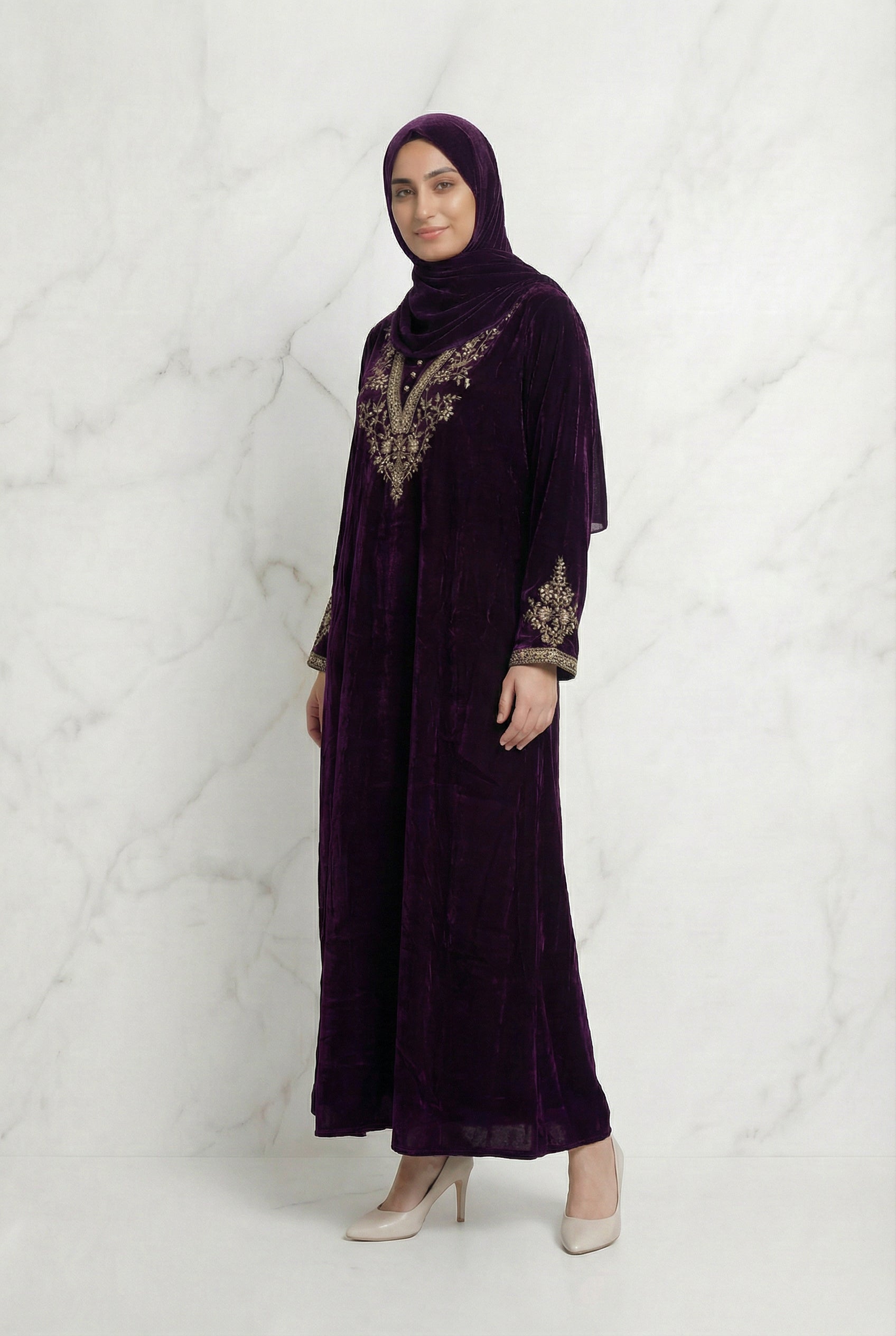Velvet Embroidered Abaya Maroon 1201