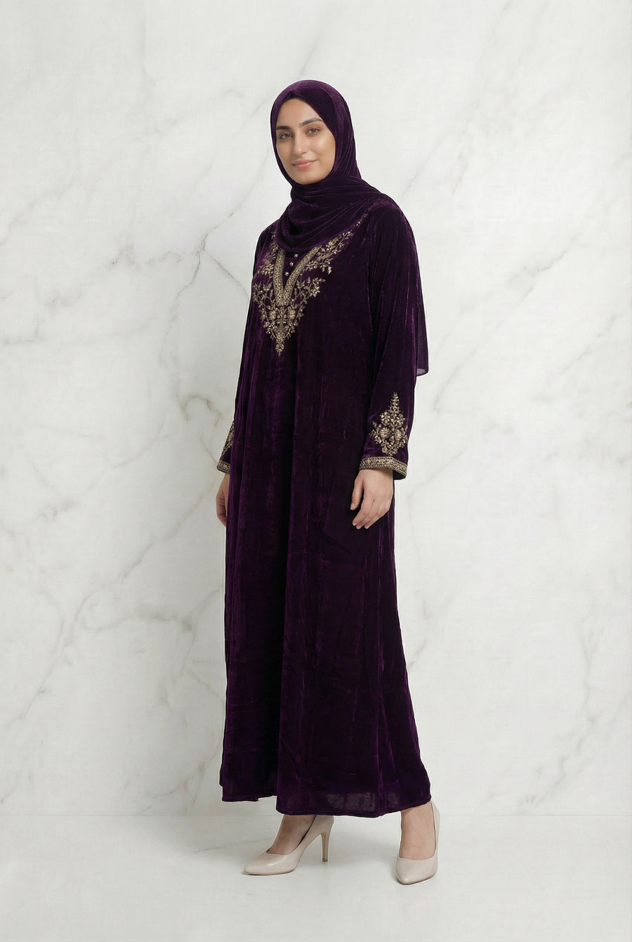Velvet Embroidered Abaya Maroon 1201