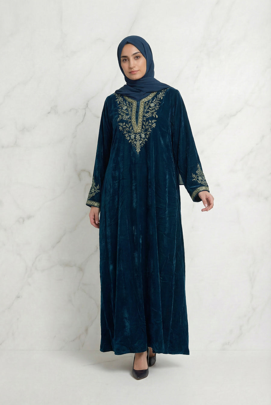 Velvet Embroidered Abaya Teal Green 1201
