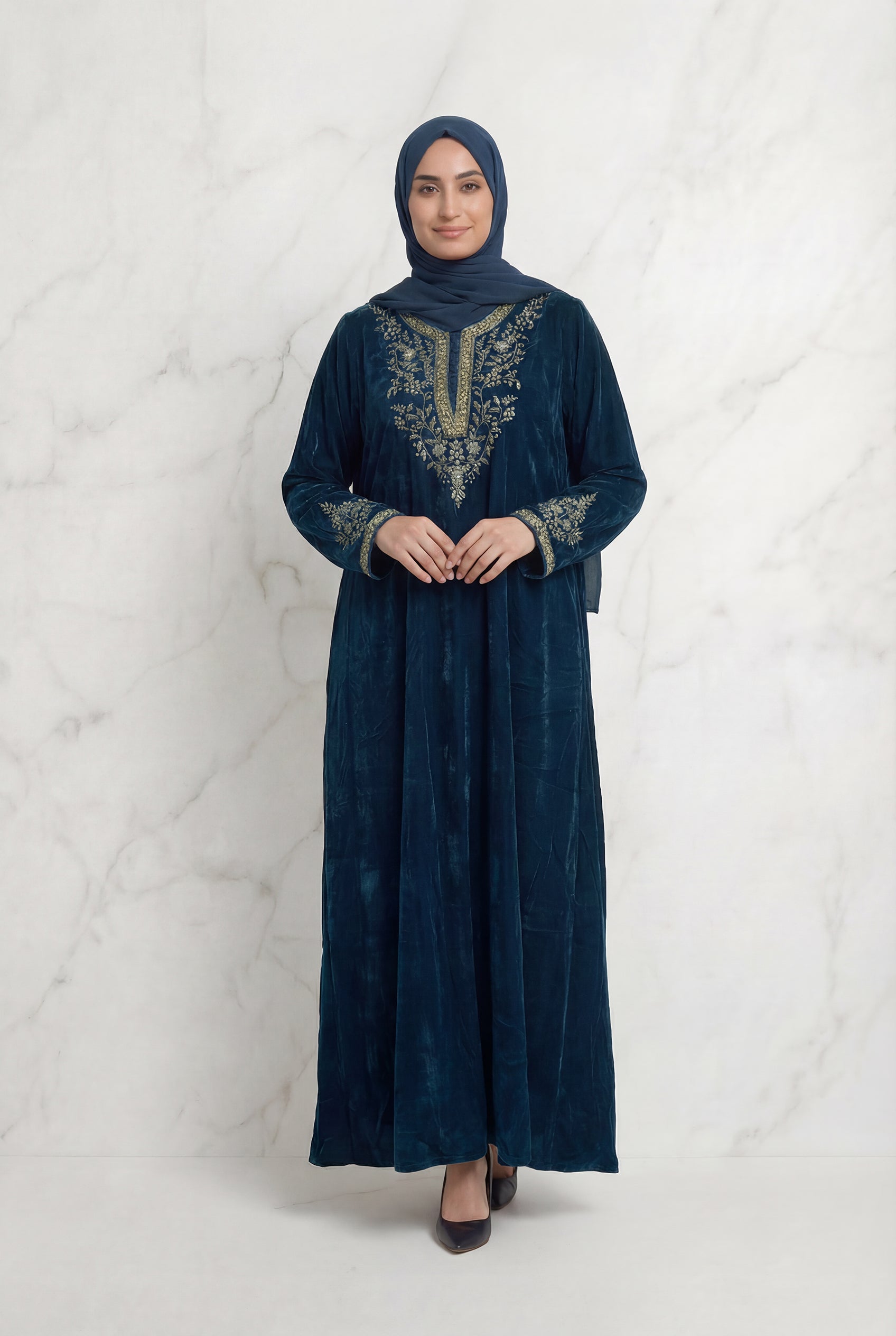 Velvet Embroidered Abaya Teal Green 1201