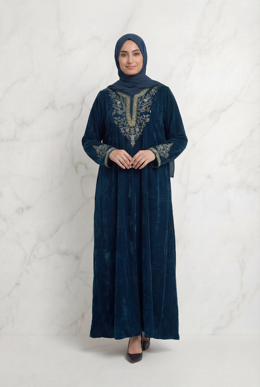 Velvet Embroidered Abaya Teal Green 1201