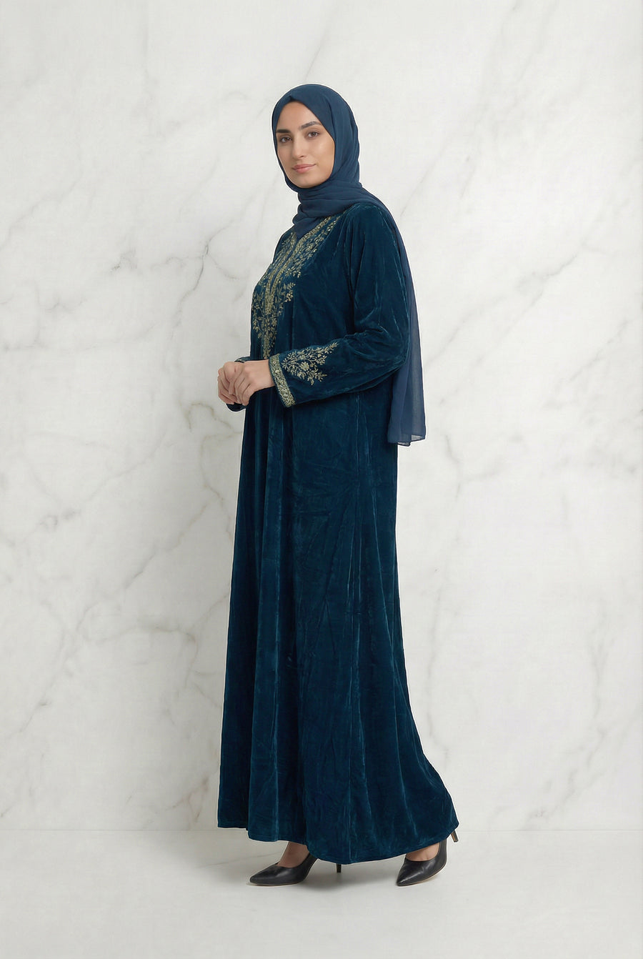 Velvet Embroidered Abaya Teal Green 1201