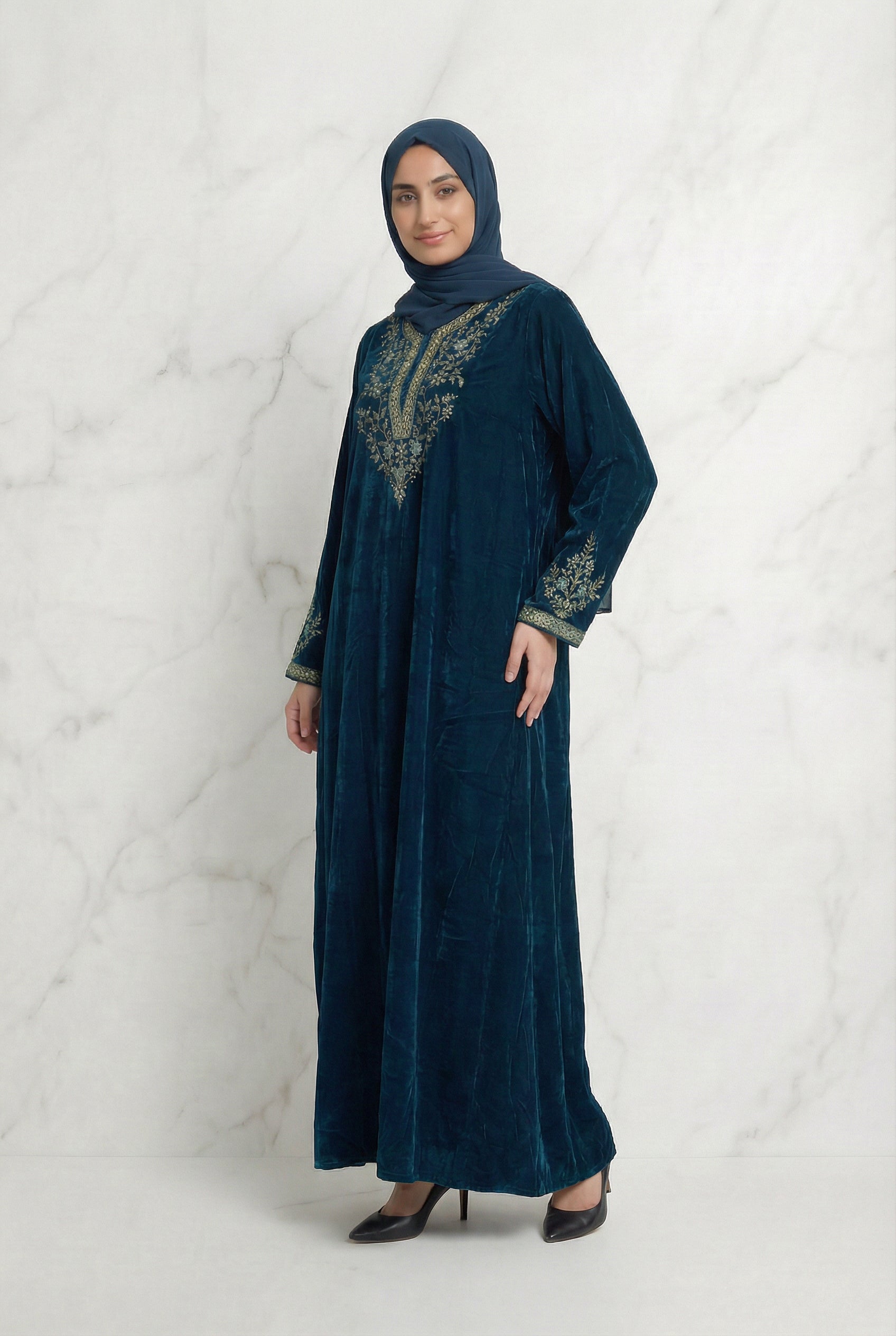 Velvet Embroidered Abaya Teal Green 1201