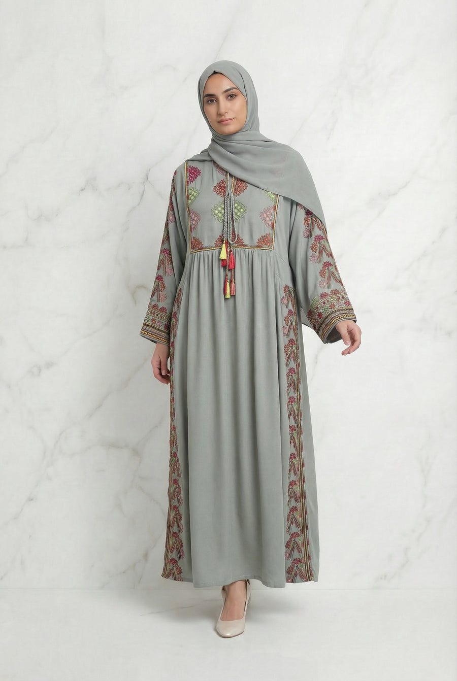Embroidered Tasselled Abaya Mint Green 947