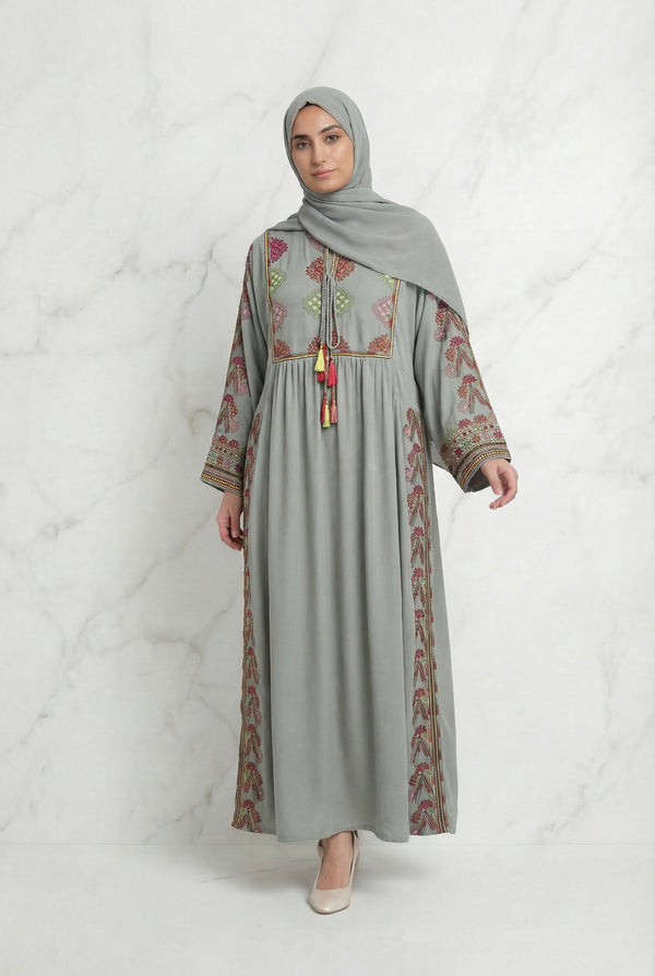 Embroidered Tasselled Abaya Mint Green 947