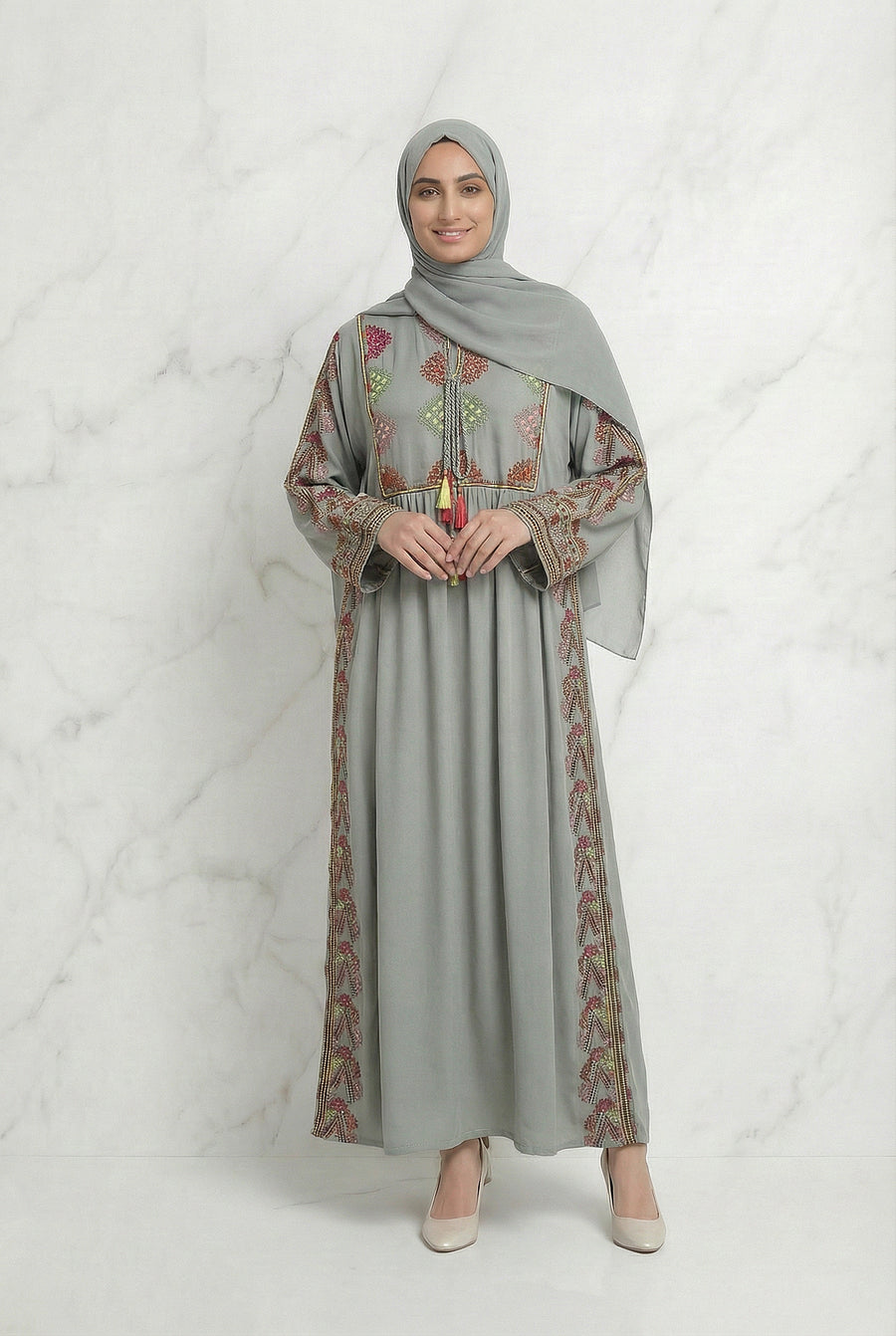 Embroidered Tasselled Abaya Mint Green 947