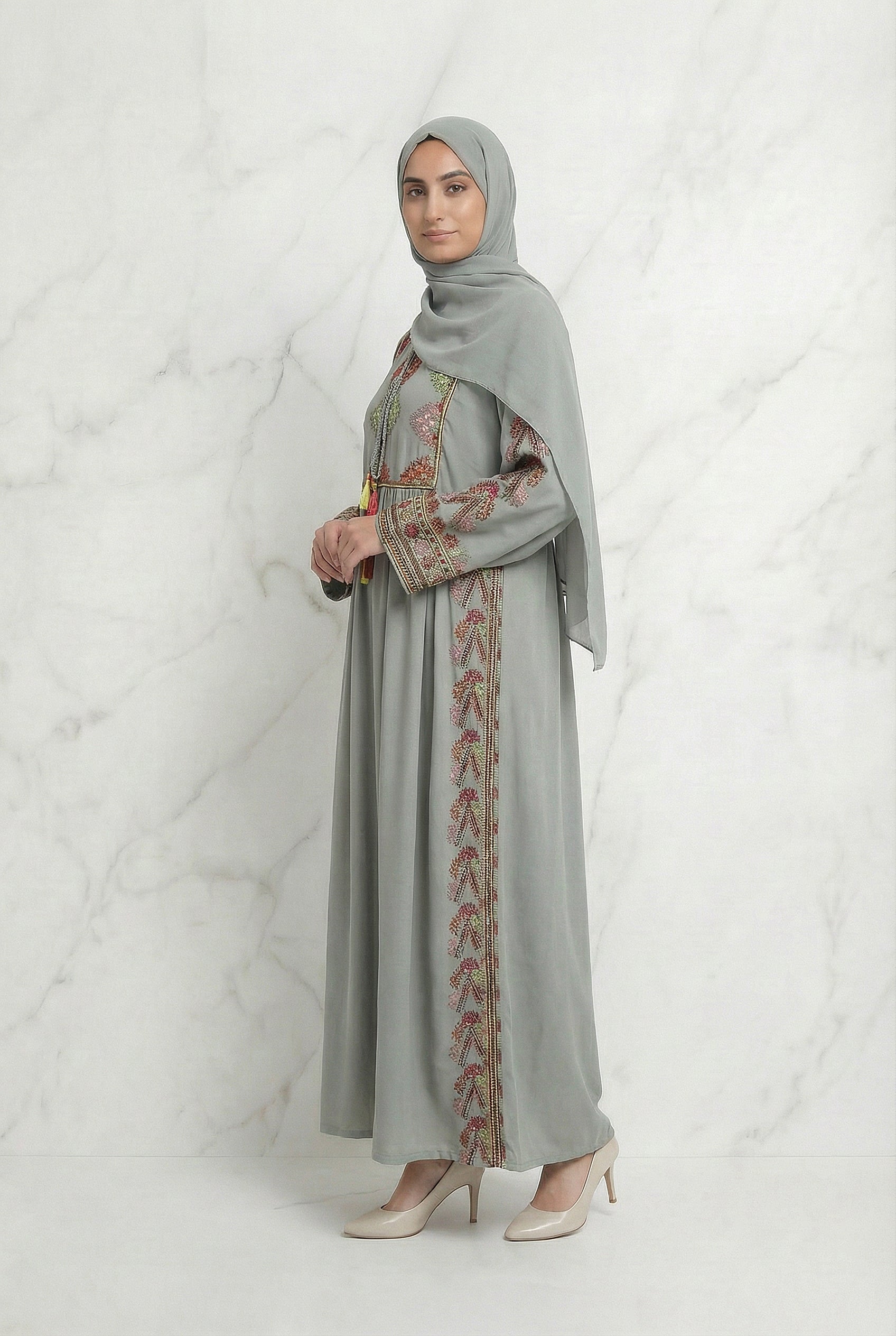 Embroidered Tasselled Abaya Mint Green 947