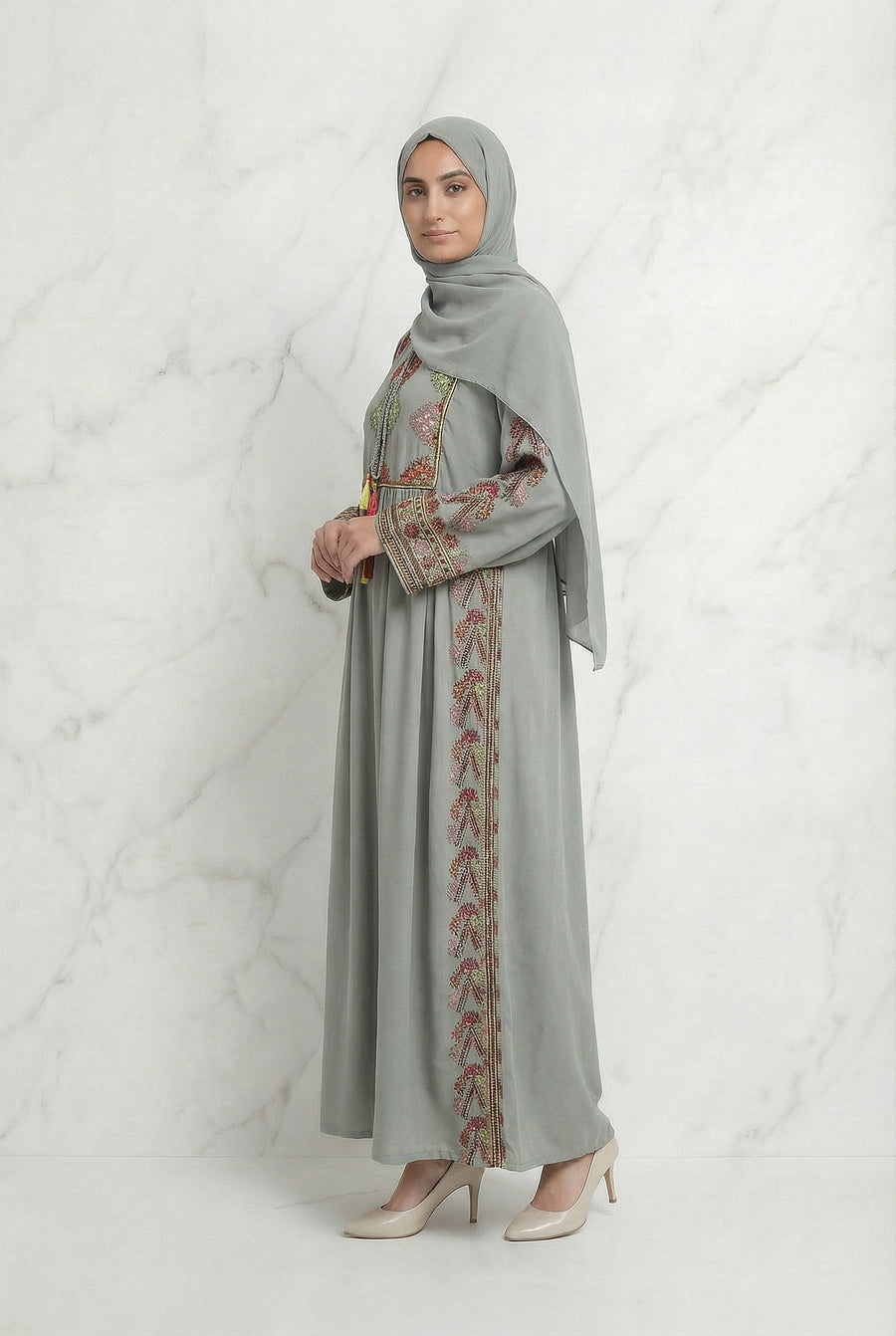 Embroidered Tasselled Abaya Mint Green 947