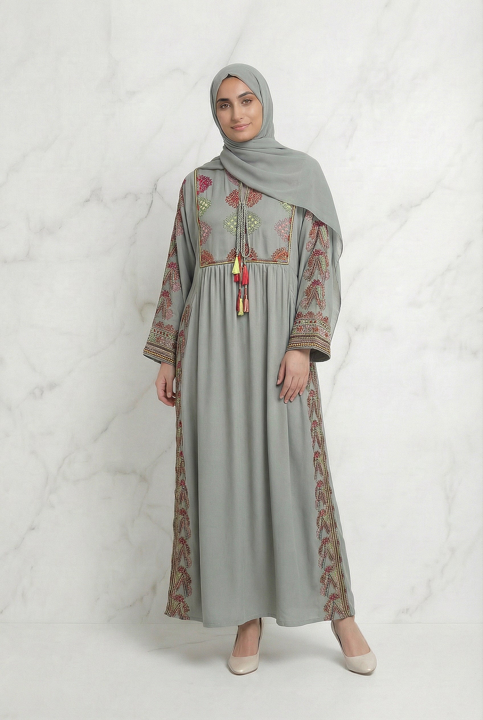 Embroidered Tasselled Abaya Mint Green 947