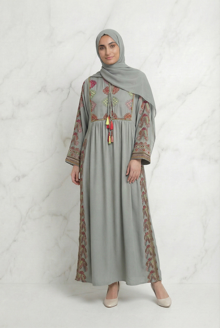 Embroidered Tasselled Abaya Mint Green 947