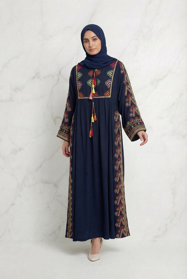 Embroidered Tasselled Abaya Navy 947