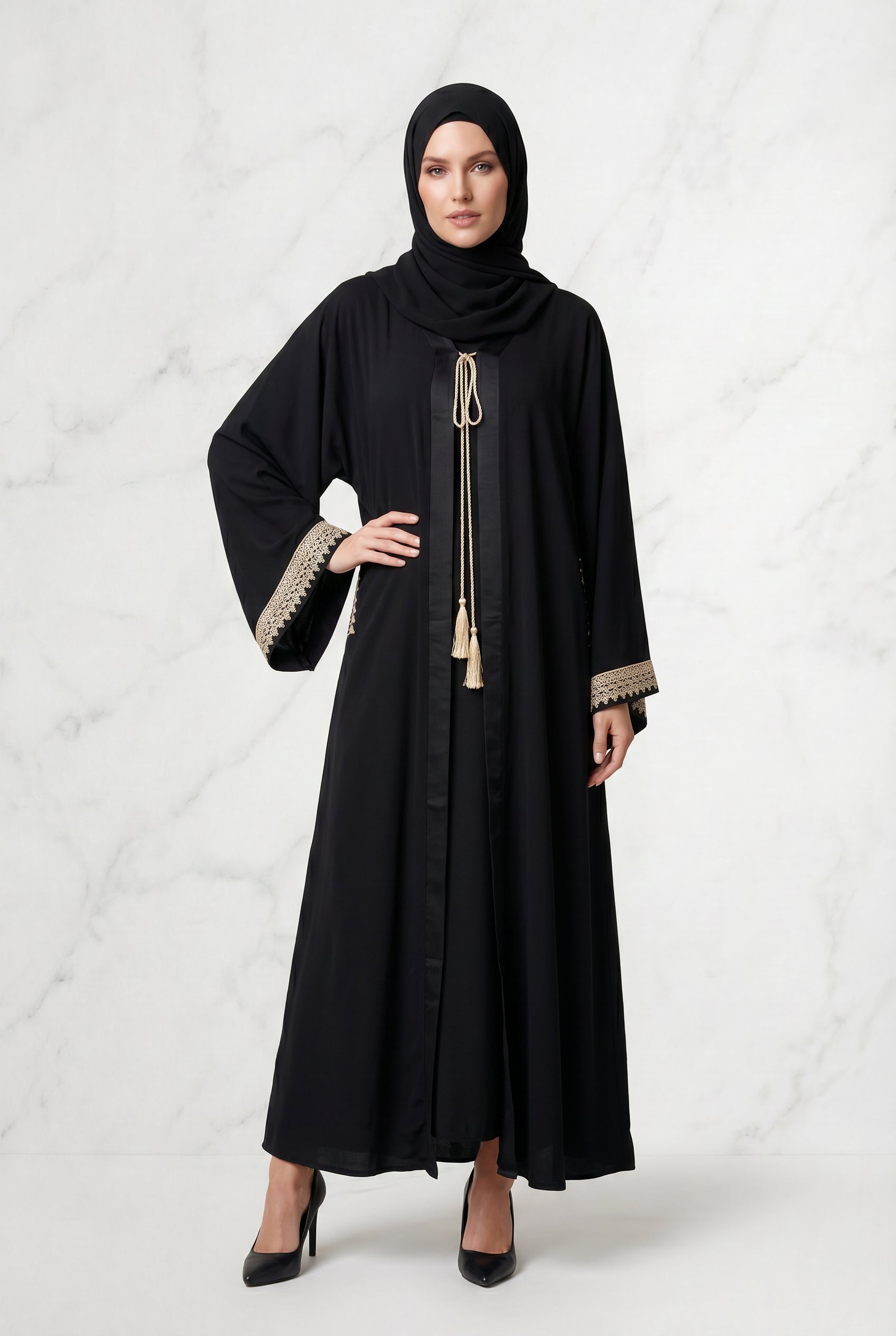 Noura Tassel Kimono Abaya Black 1116