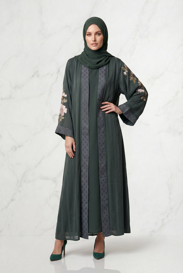 Layana Embroidered Kimono Abaya Dark Olive 1161