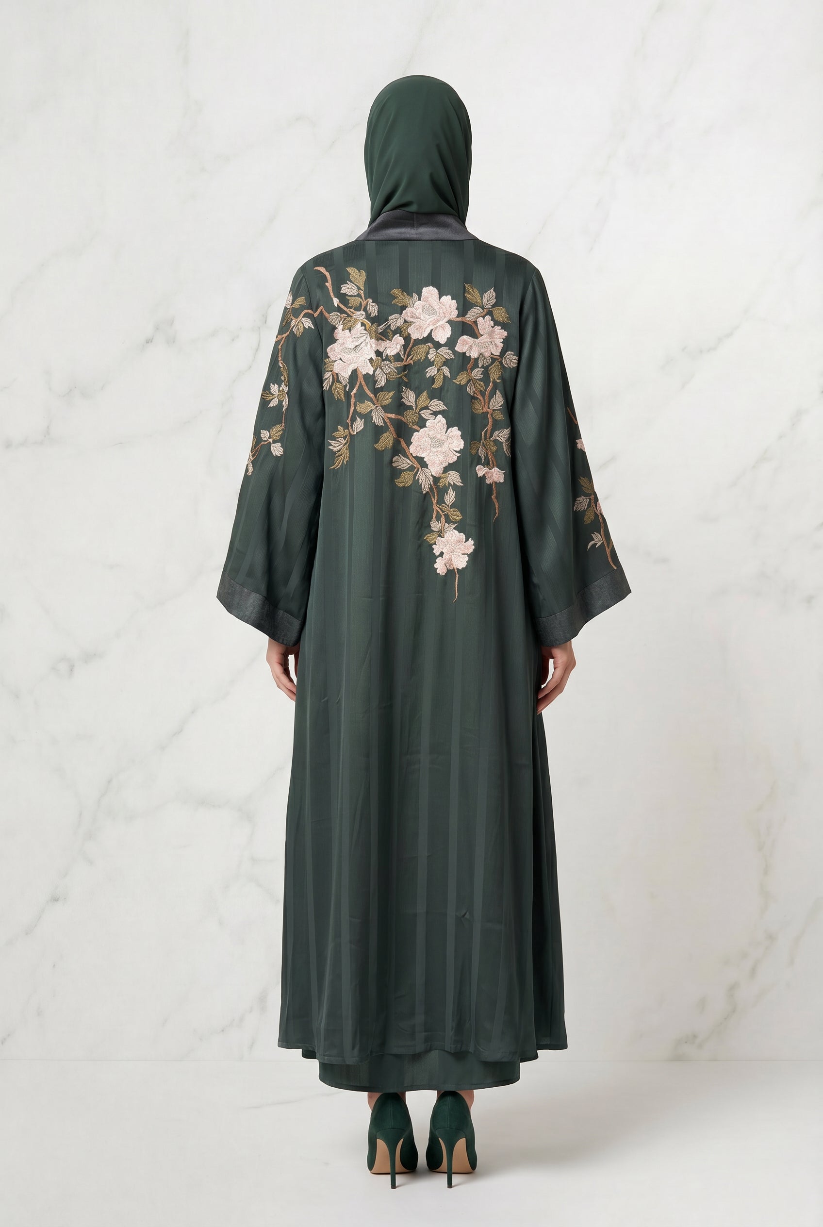 Layana Embroidered Kimono Abaya Dark Olive 1161