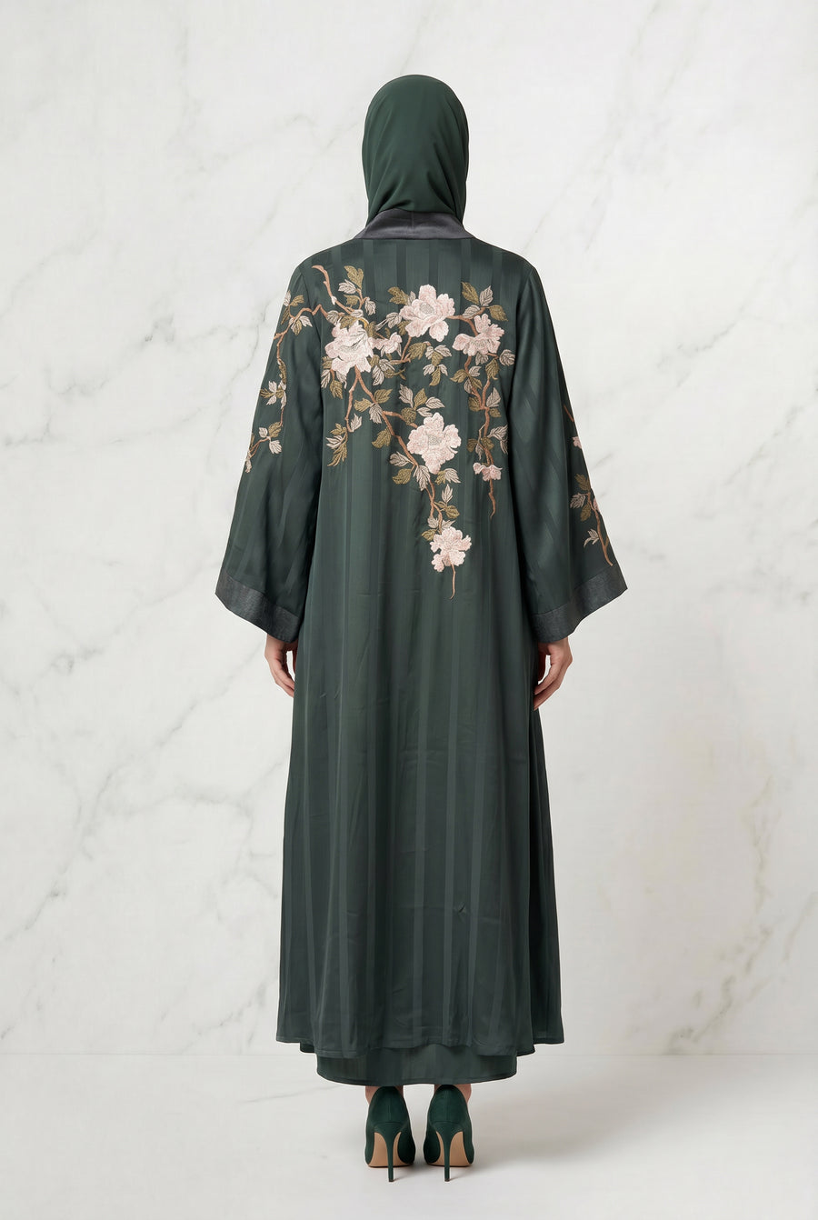 Layana Embroidered Kimono Abaya Dark Olive 1161