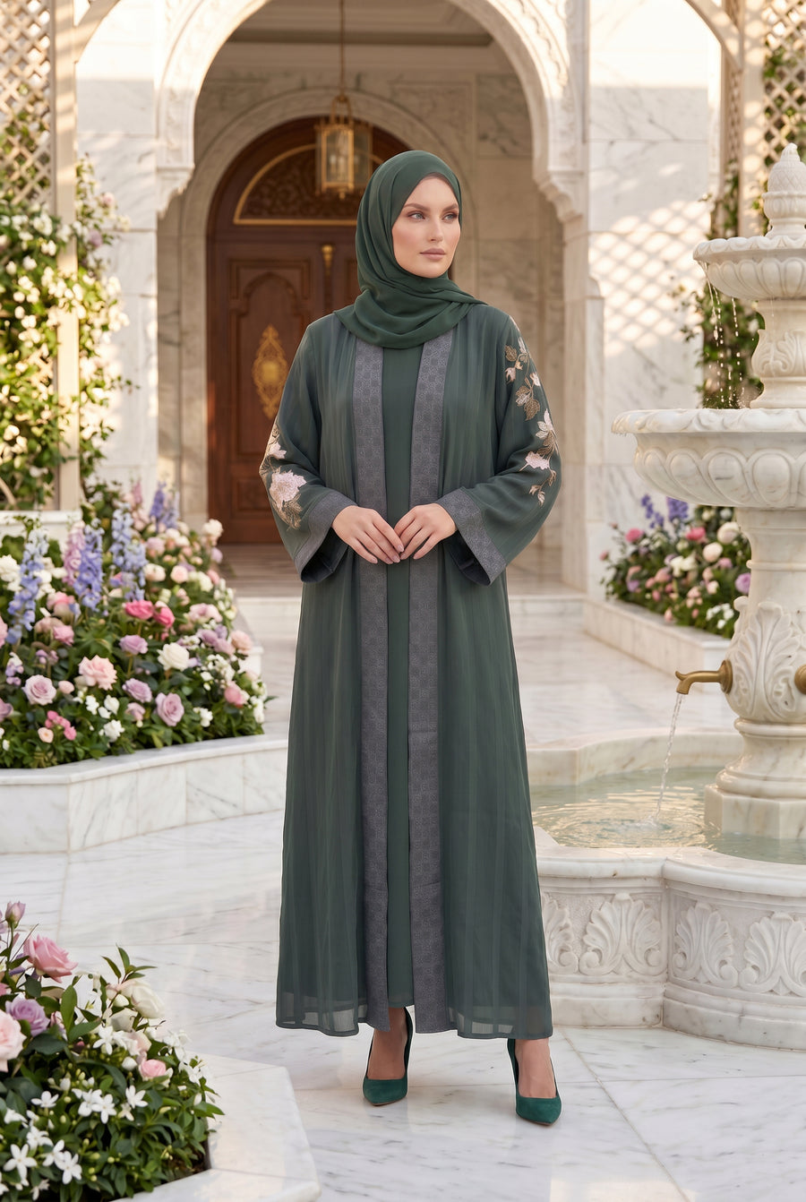 Layana Embroidered Kimono Abaya Dark Olive 1161