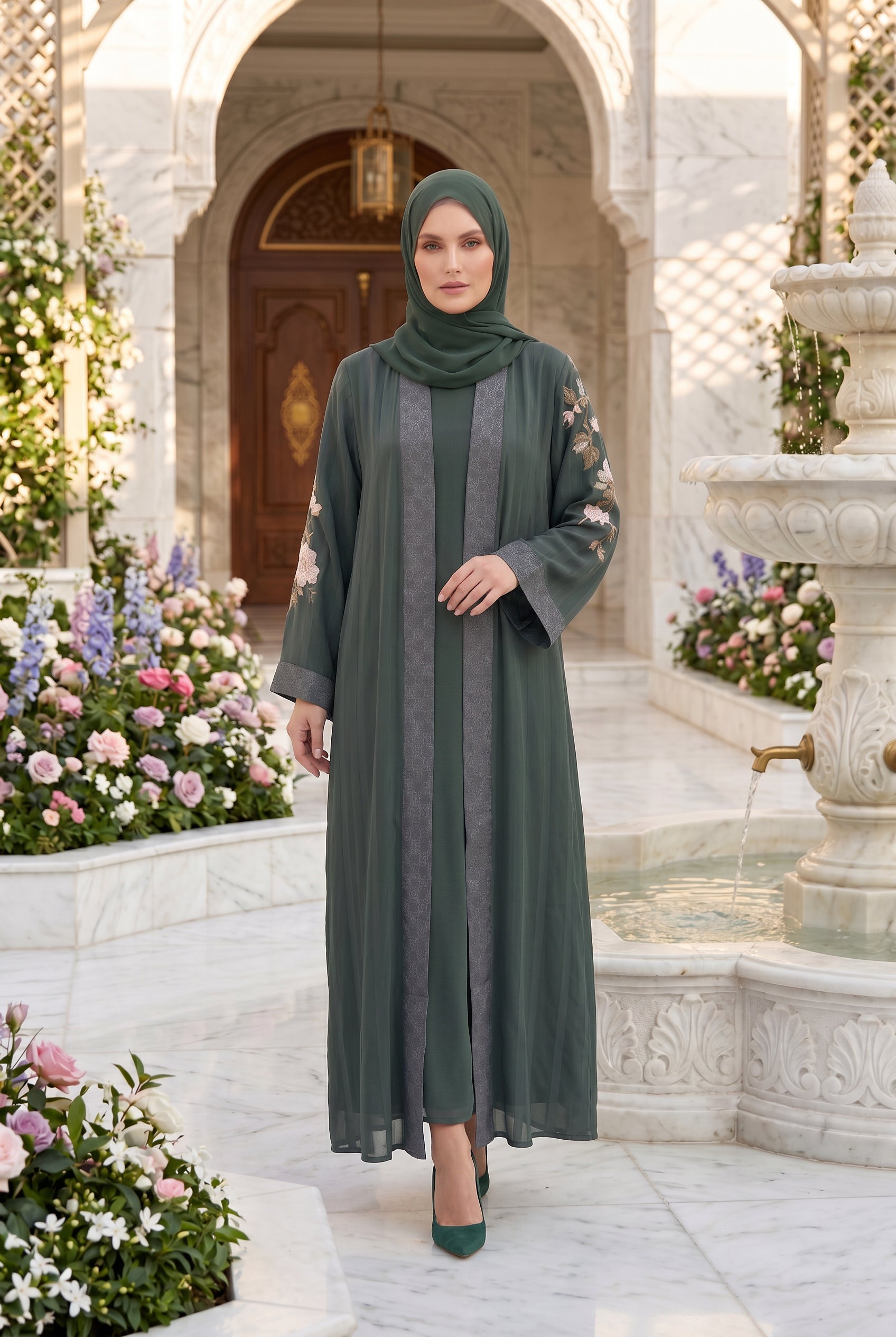 Layana Embroidered Kimono Abaya Dark Olive 1161