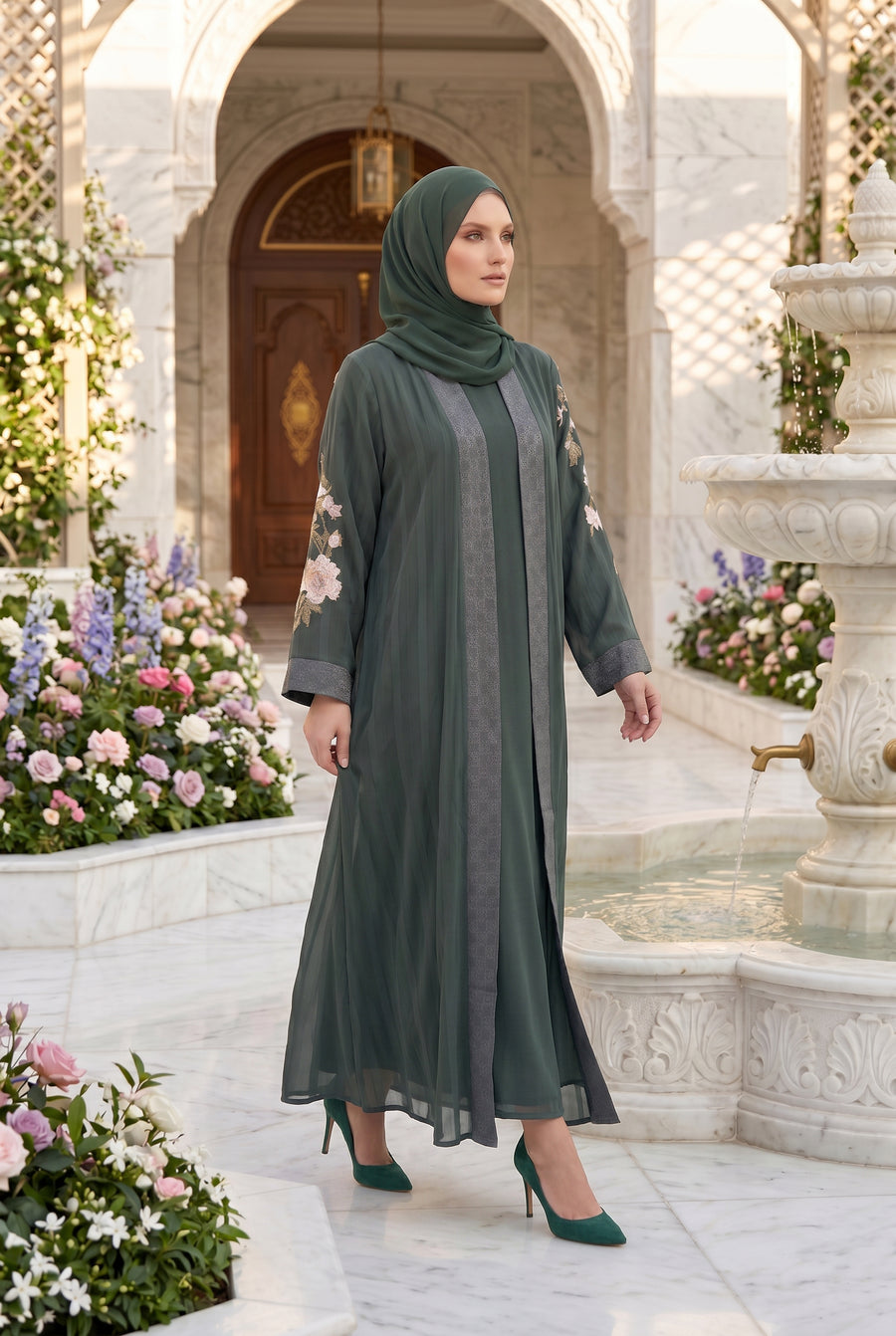 Layana Embroidered Kimono Abaya Dark Olive 1161