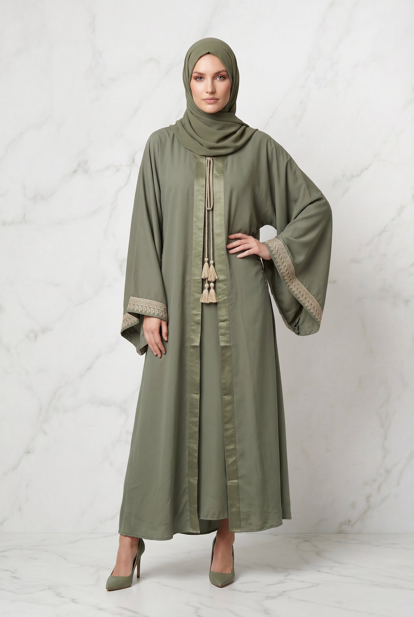 Noura Tassel Kimono Abaya Light Olive 1116