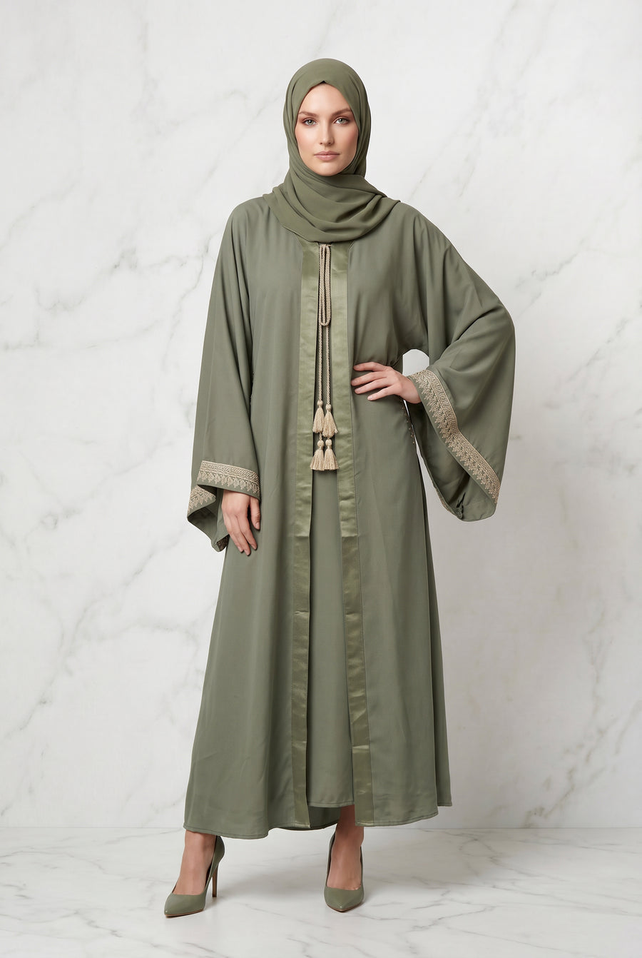 Noura Tassel Kimono Abaya Light Olive 1116