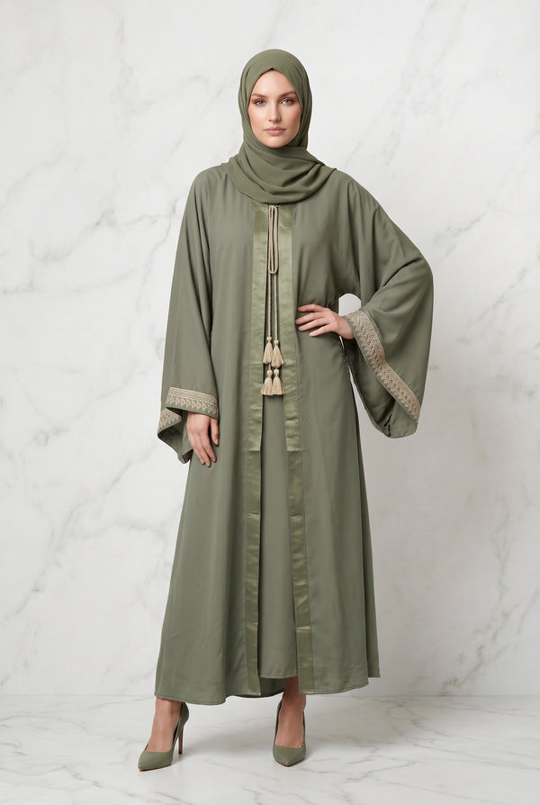 Noura Tassel Kimono Abaya Light Olive 1116