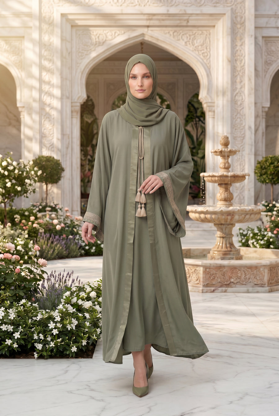 Noura Tassel Kimono Abaya Light Olive 1116