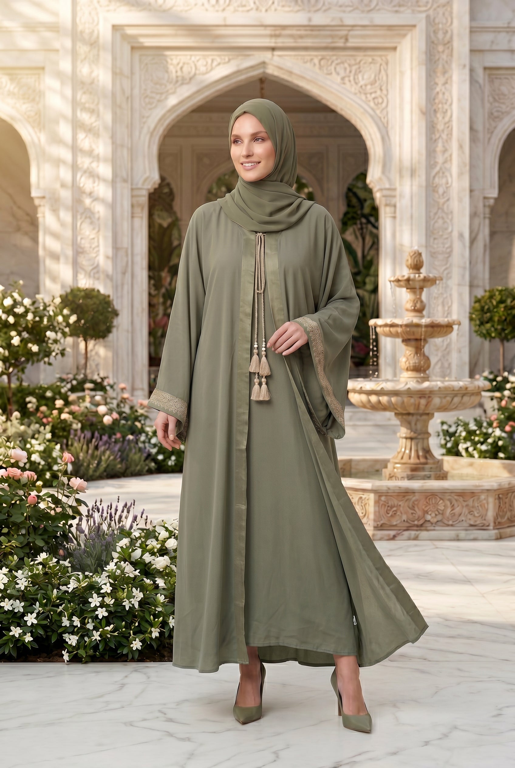 Noura Tassel Kimono Abaya Light Olive 1116