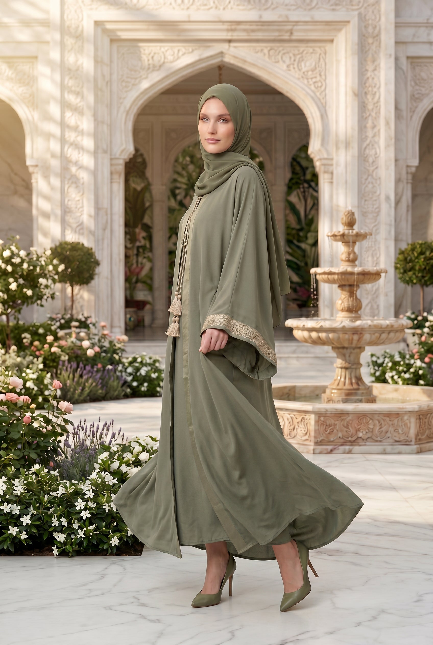 Noura Tassel Kimono Abaya Light Olive 1116