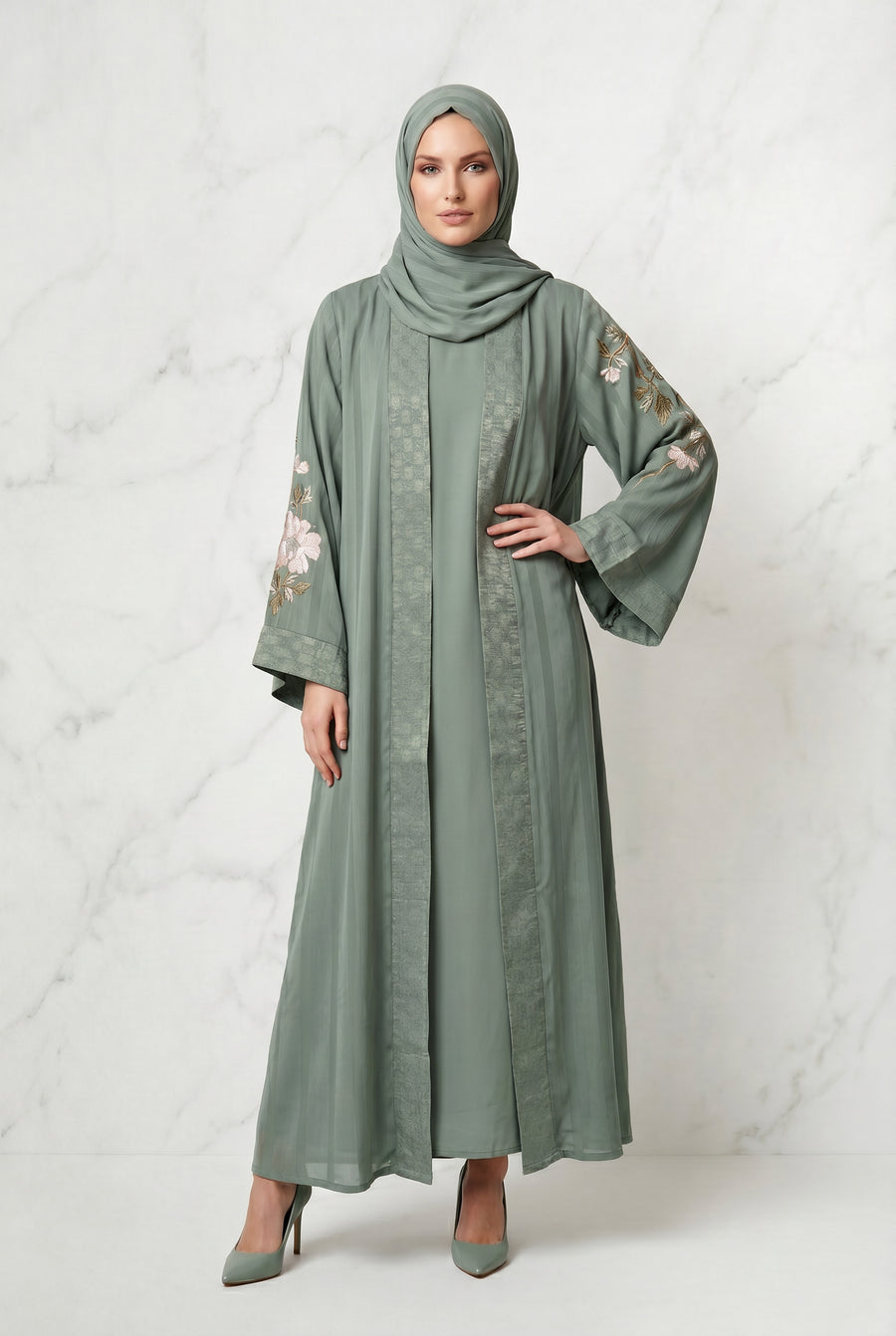 Layana Embroidered Kimono Abaya Olive 1161