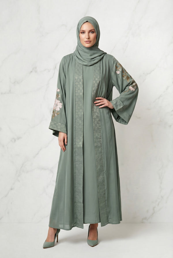 Layana Embroidered Kimono Abaya Olive 1161
