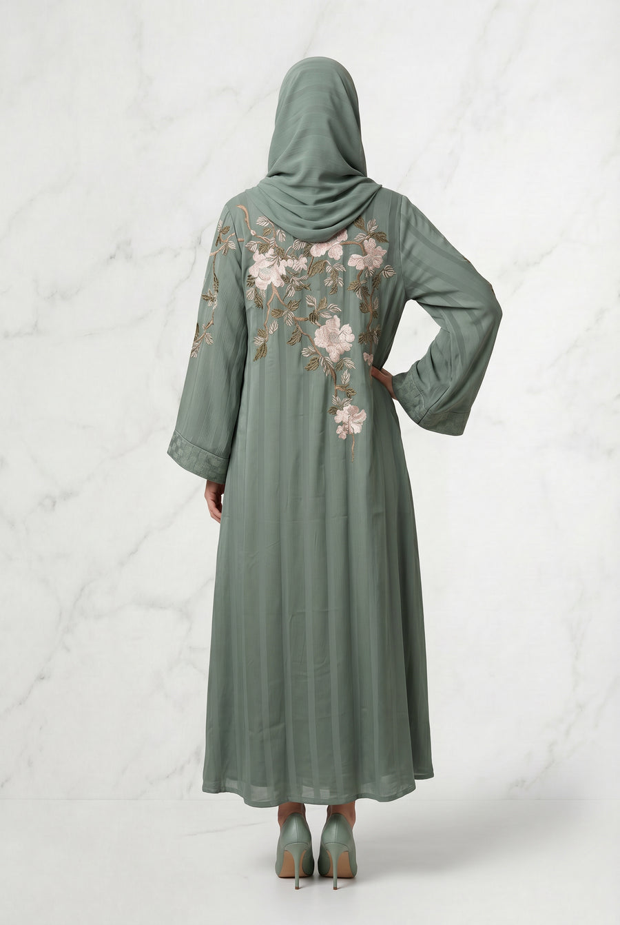 Layana Embroidered Kimono Abaya Olive 1161