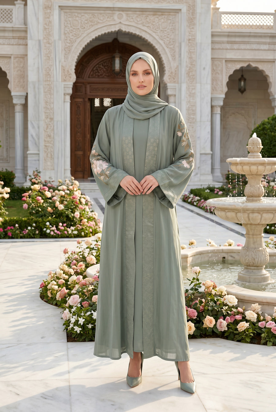 Layana Embroidered Kimono Abaya Olive 1161