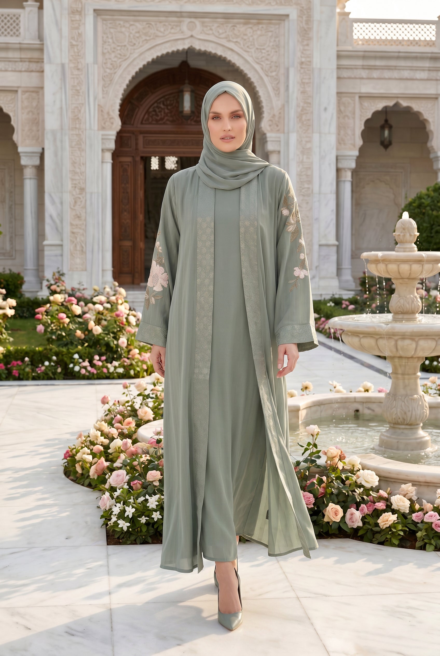 Layana Embroidered Kimono Abaya Olive 1161
