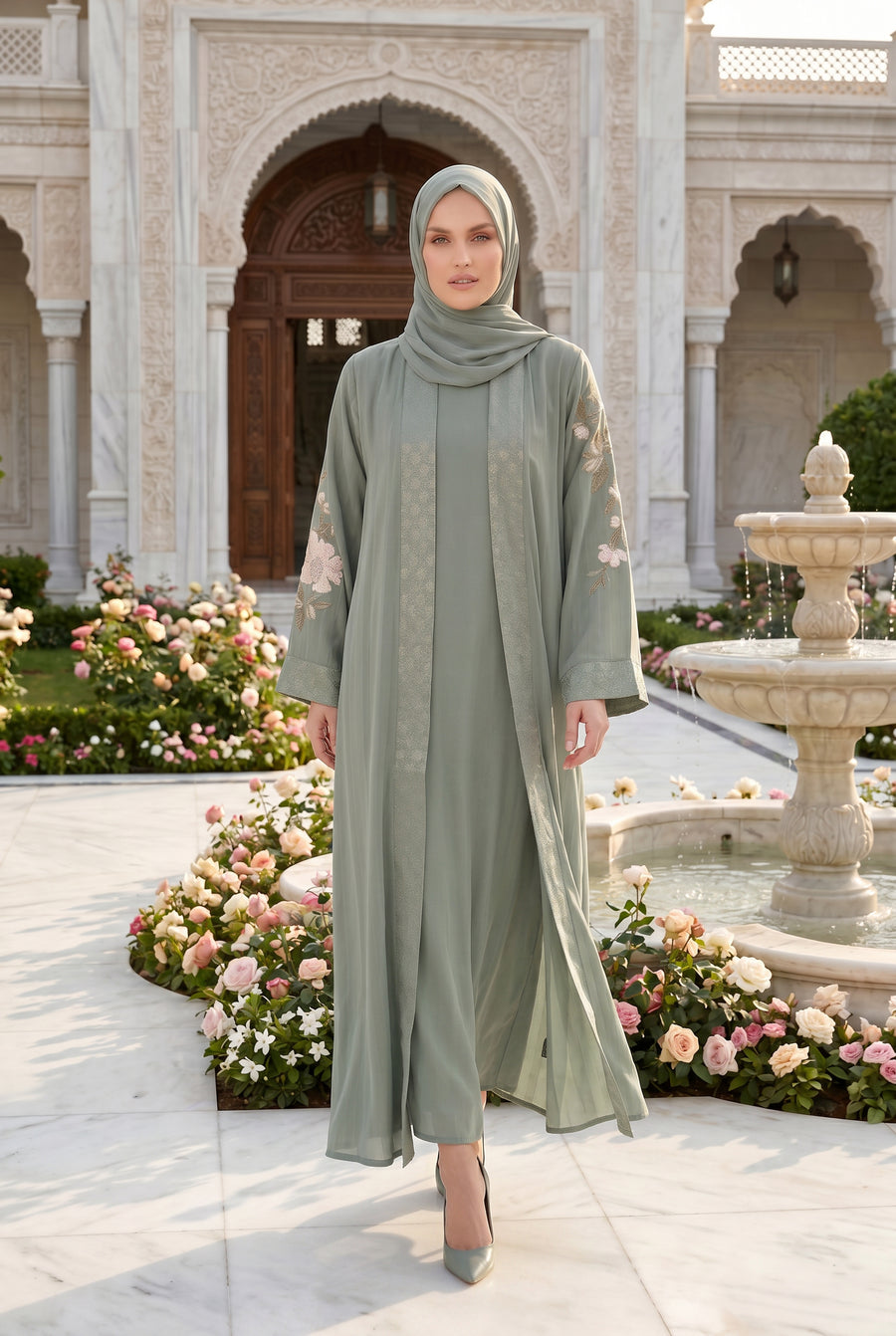 Layana Embroidered Kimono Abaya Olive 1161